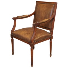 Louis XVI Style Walnut Fauteuil Chair with Original Leather and Nailhead Trim