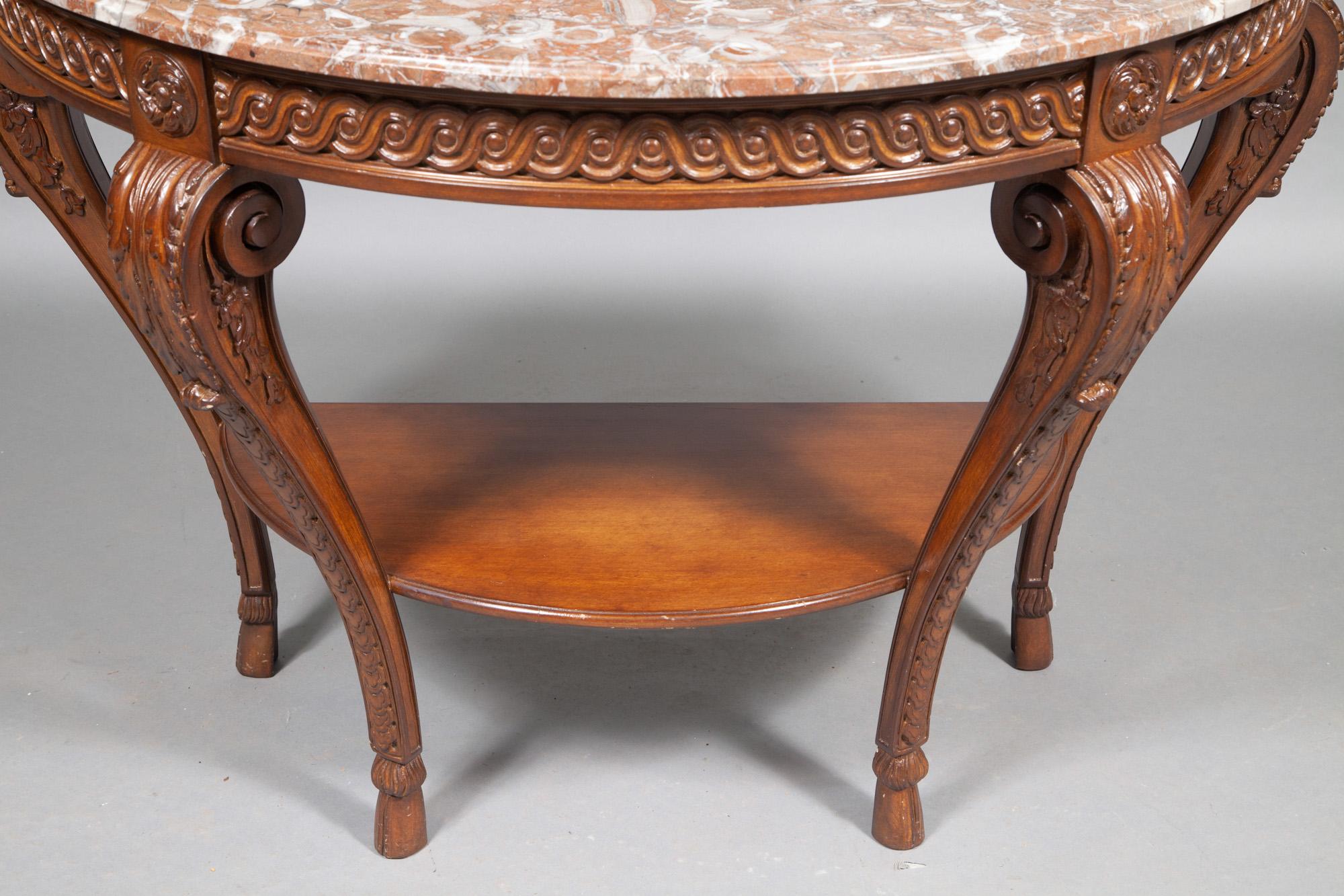 Hand-Carved  Louis XVI Style Walnut Framed Marble Top Demilune Console Table For Sale
