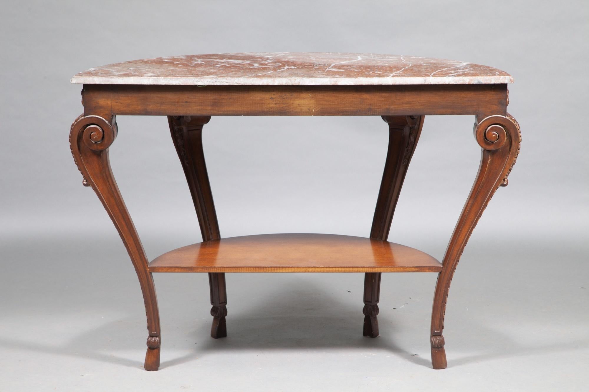 Mid-19th Century  Louis XVI Style Walnut Framed Marble Top Demilune Console Table For Sale