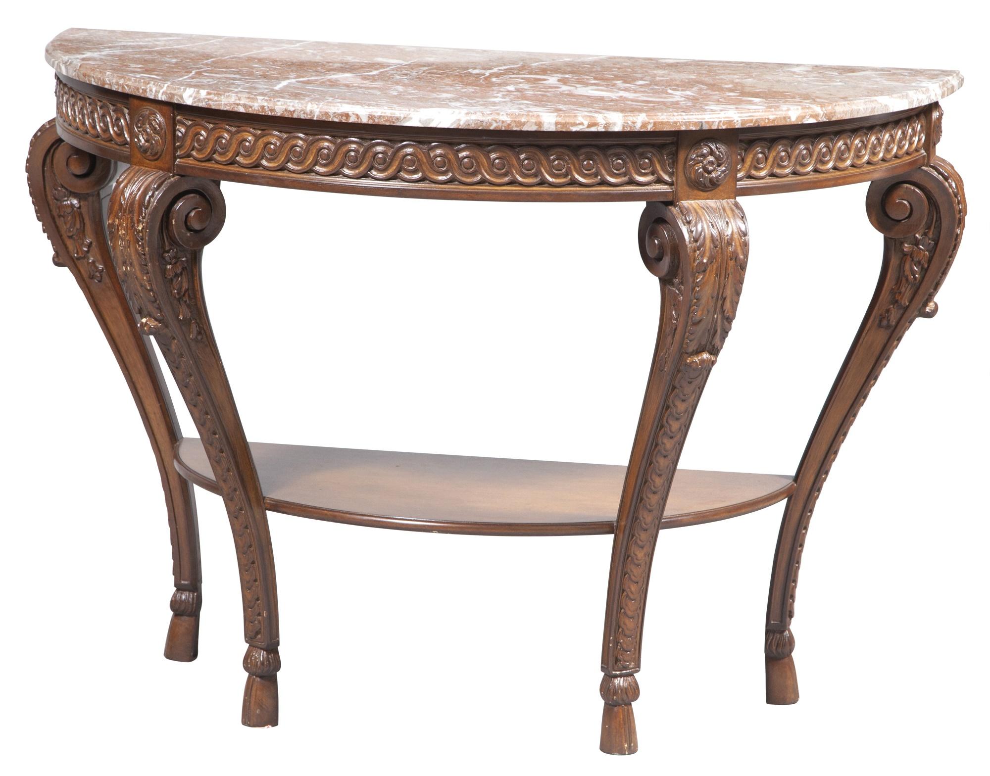  Louis XVI Style Walnut Framed Marble Top Demilune Console Table For Sale 3