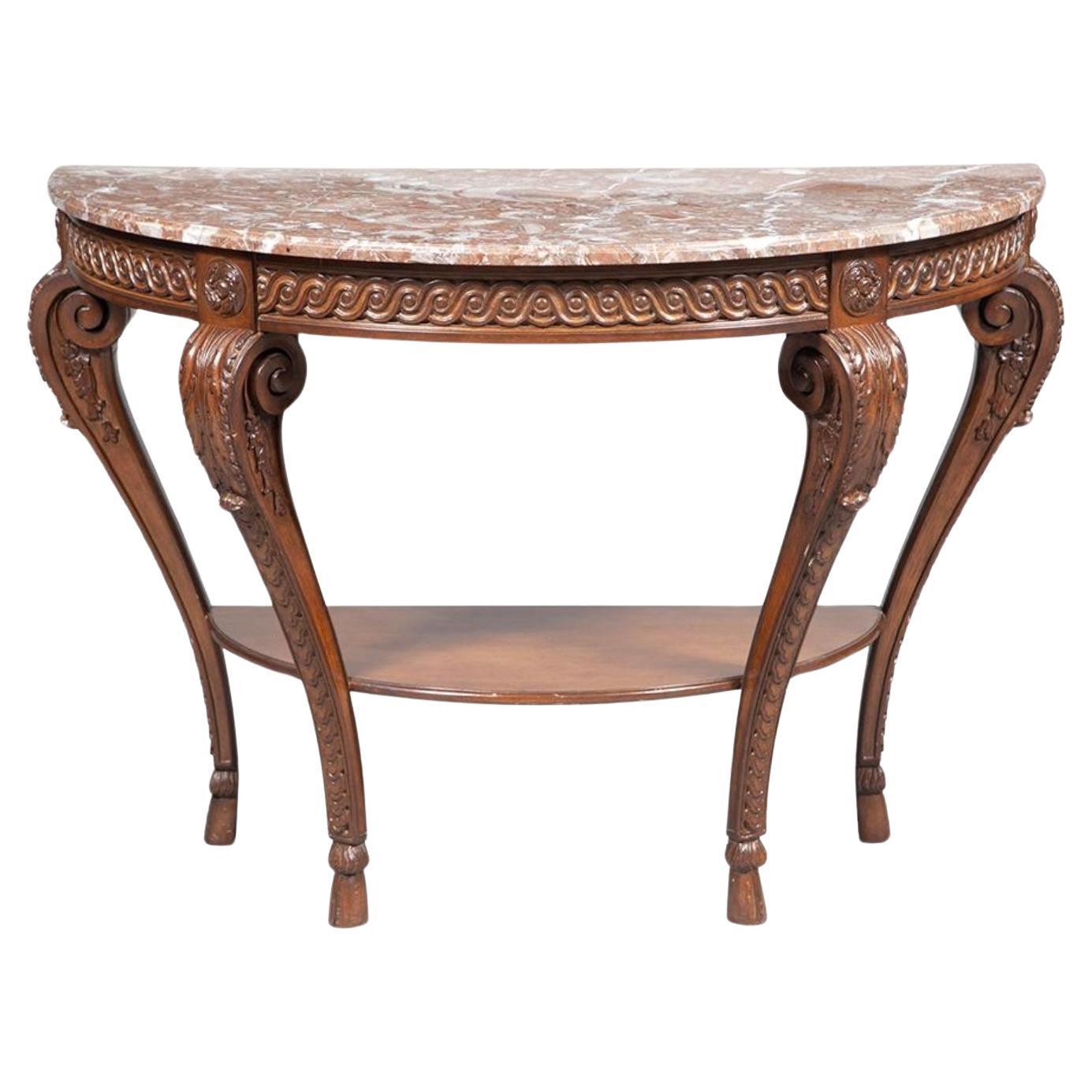  Louis XVI Style Walnut Framed Marble Top Demilune Console Table For Sale