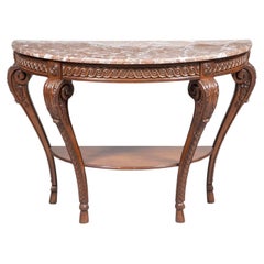 Louis XVI Style Walnut Framed Marble Top Demilune Console Table