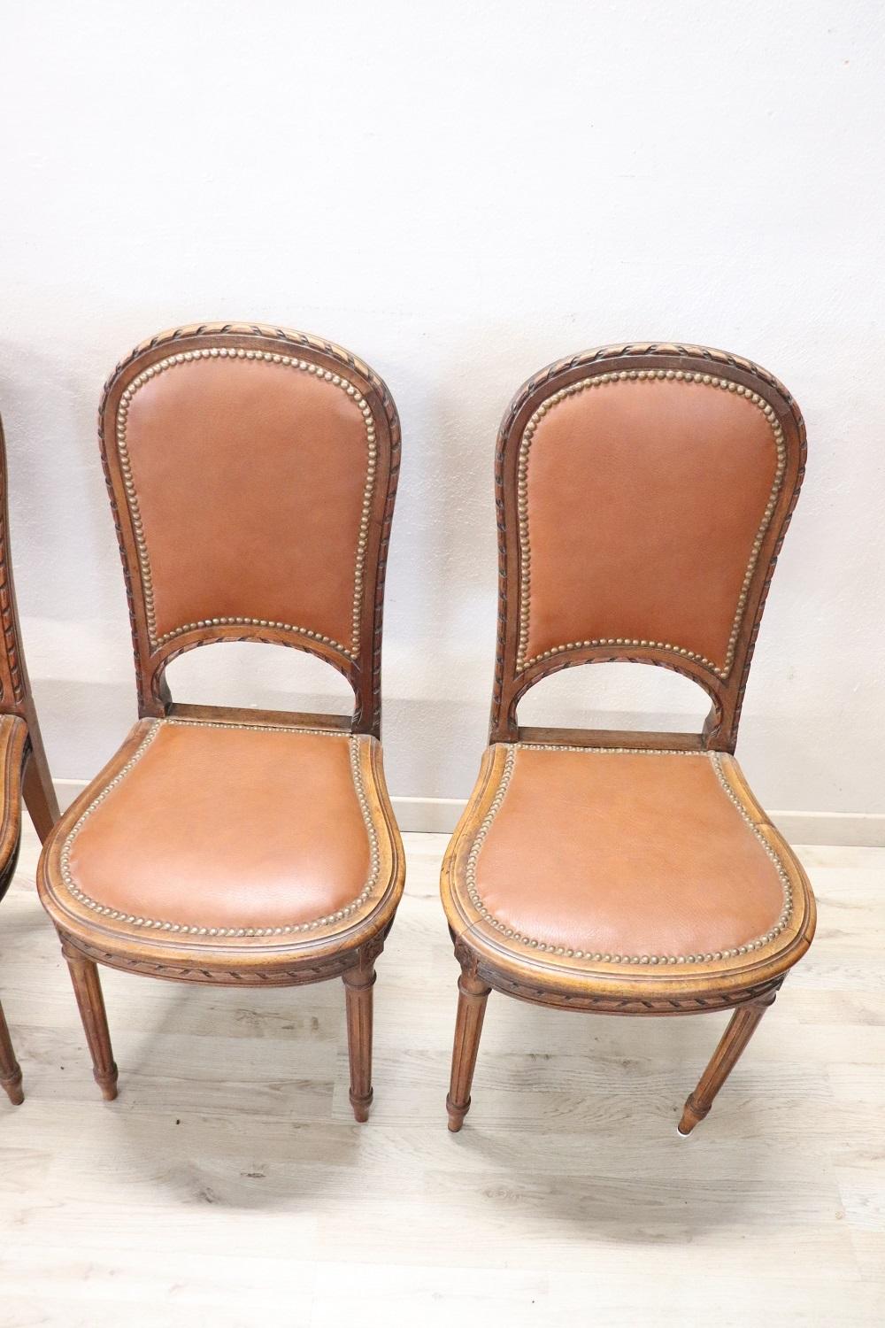 Italian Louis XVI Style Walnut Wood Chairs, Set of 4