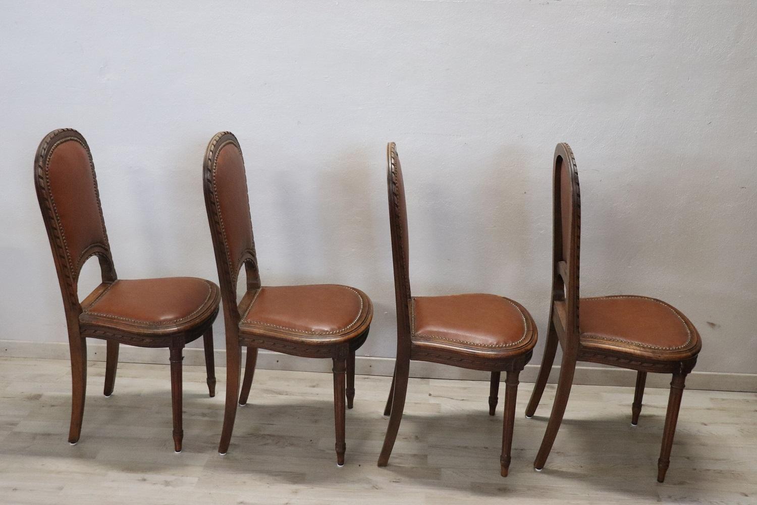 Louis XVI Style Walnut Wood Chairs, Set of 4 1