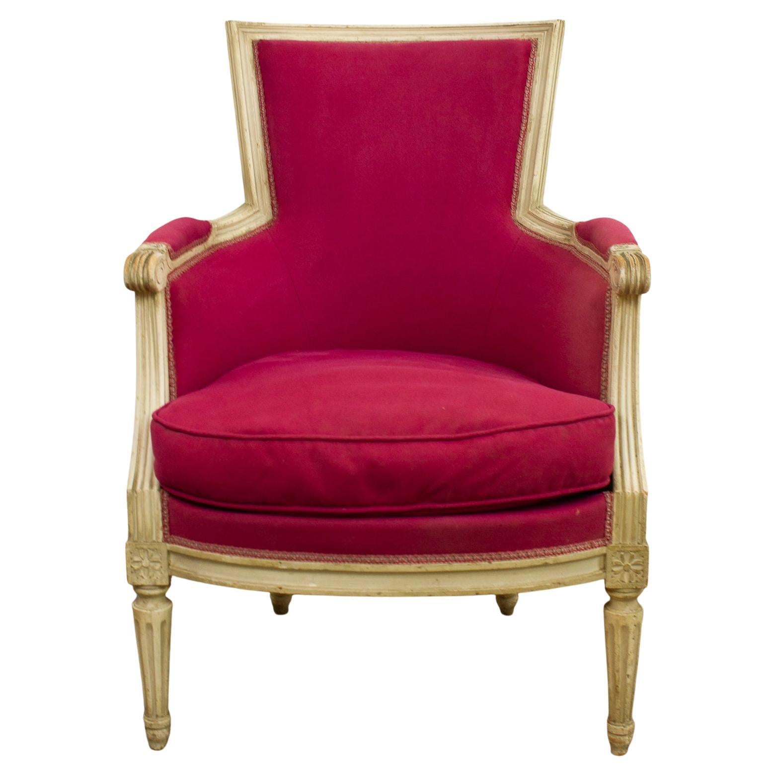 Louis XVI Style White Lacquered "Bergère" Armchair with Purple Fabrics, 19th Cen For Sale