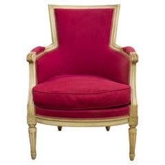 Antique Louis XVI Style White Lacquered "Bergère" Armchair with Purple Fabrics, 19th Cen
