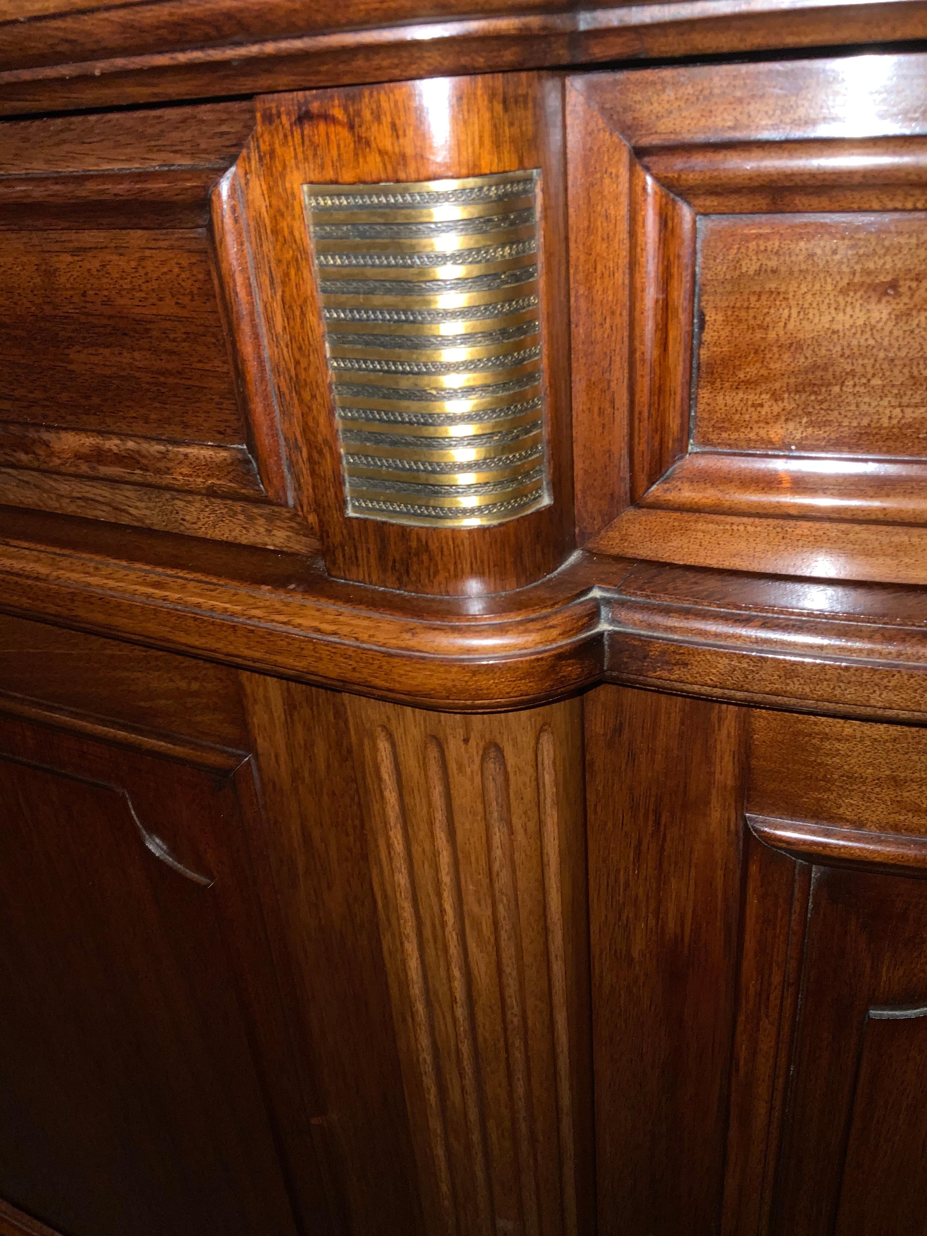 French Louis XVI Style White Marble Top Mahogany Sideboard with Curved Sides