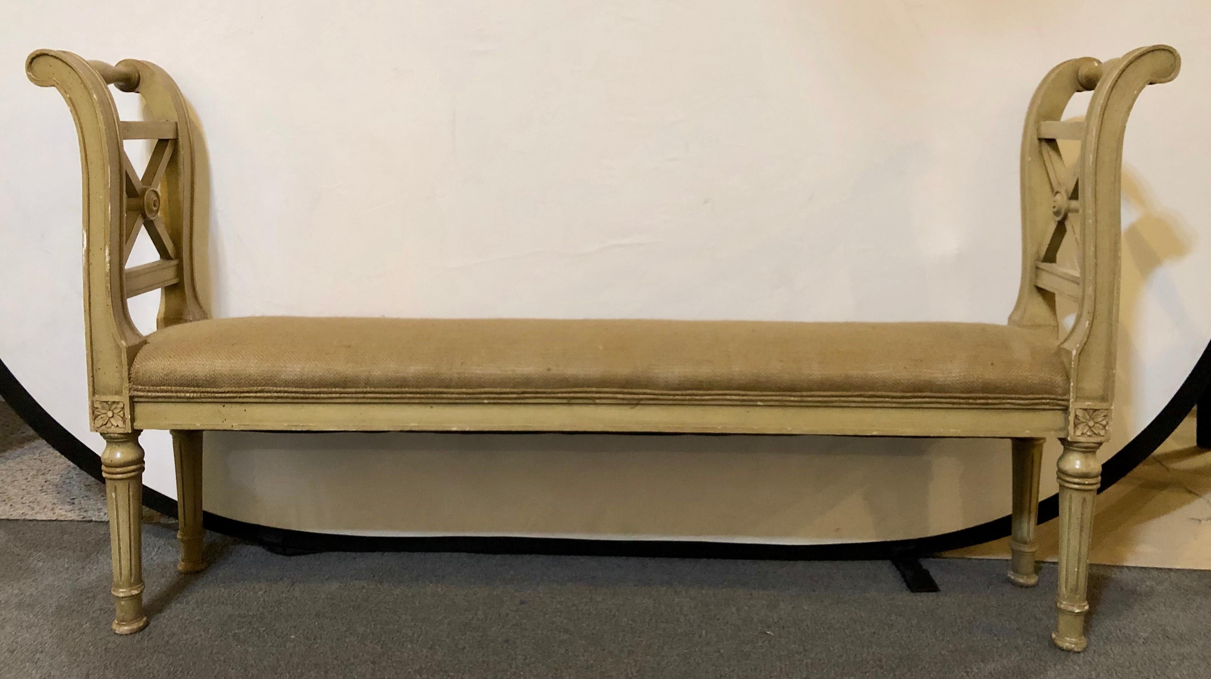 Louis XVI style window seat bench paint decorated green with burlap upholstery. This finely paint decorated two-seat is certain to fill that small hard to do with space in every home. 

ZLS.