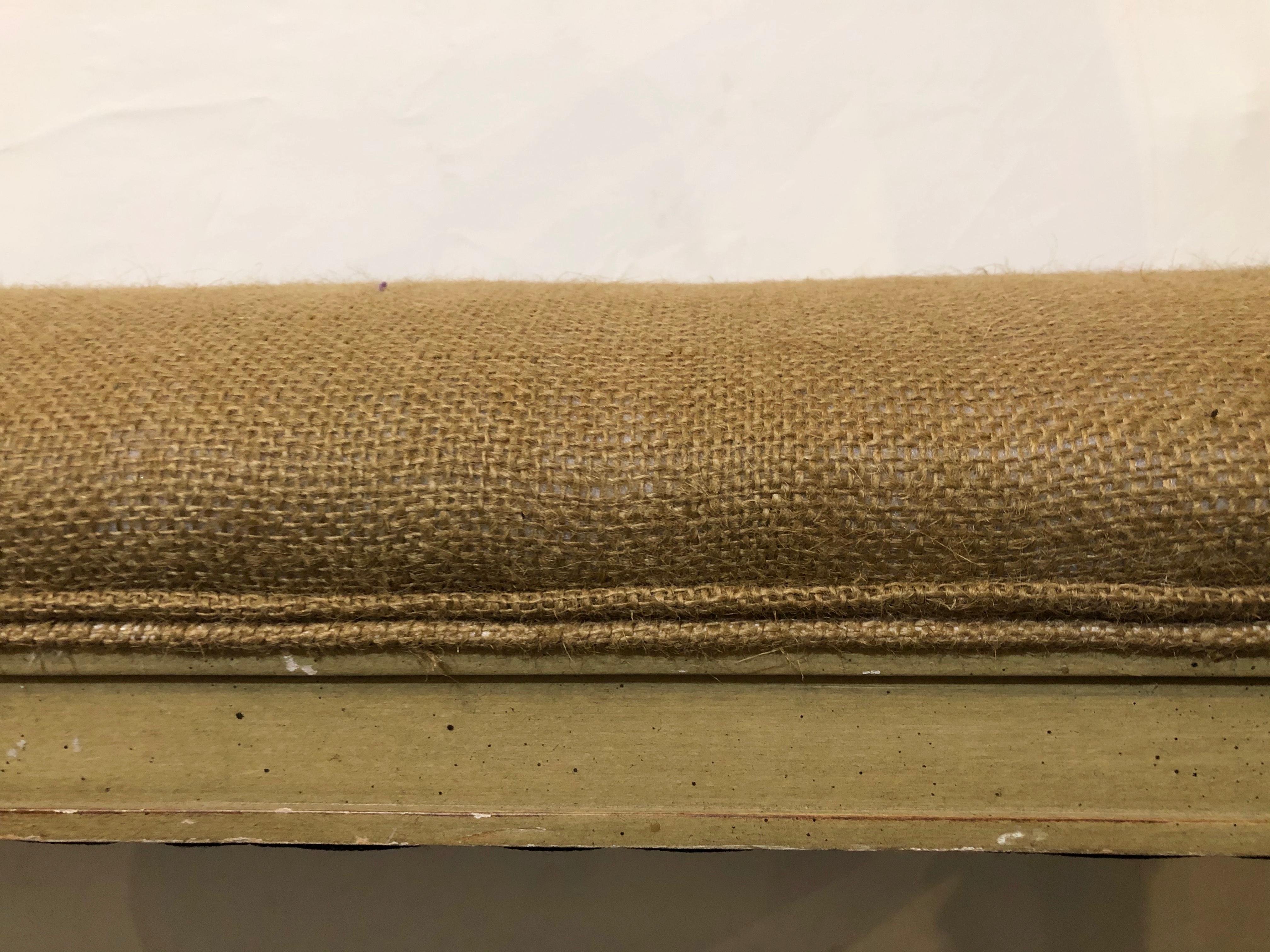 Louis XVI Style Window Seat Bench Paint Decorated Green with Burlap Upholstery In Good Condition In Stamford, CT