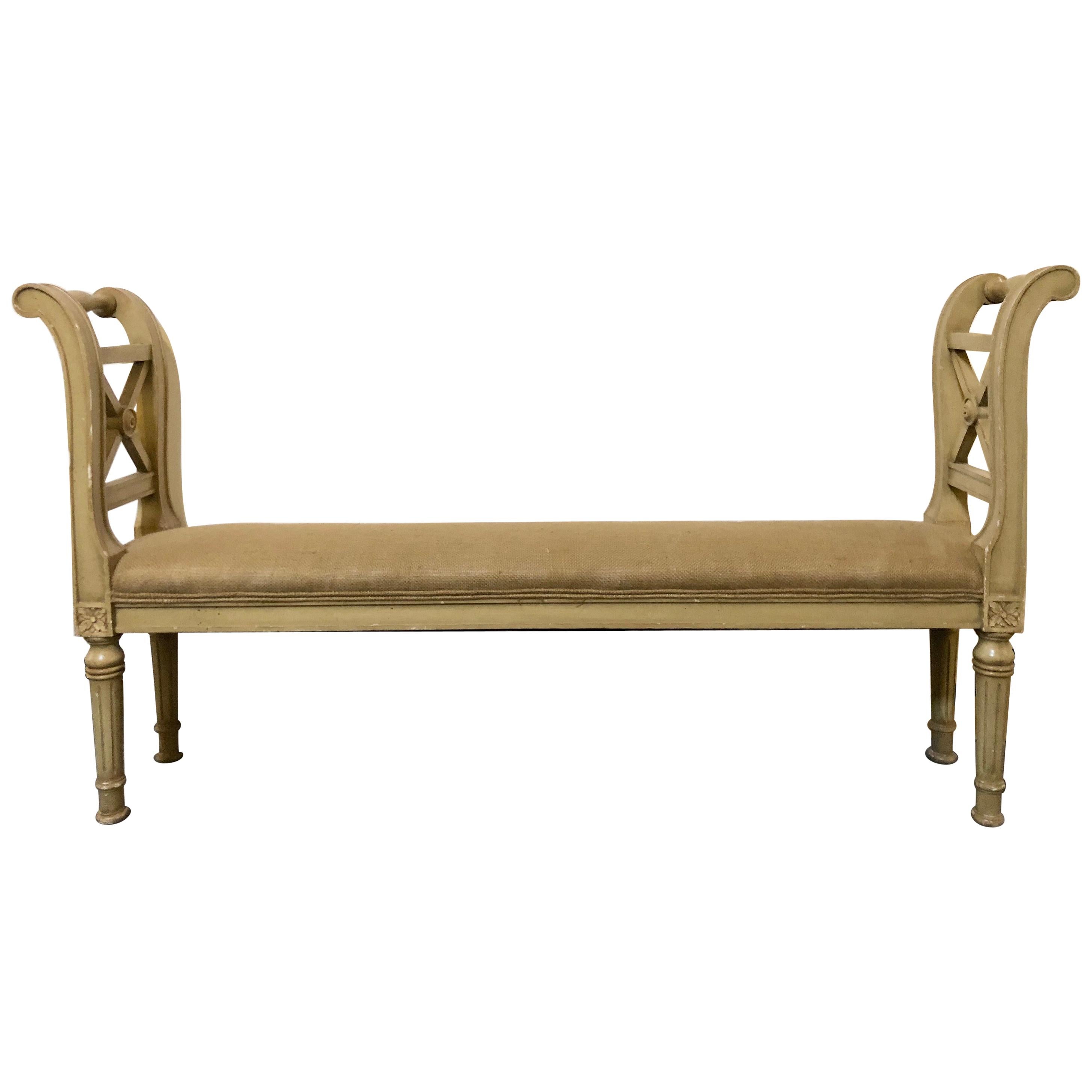 Louis XVI Style Window Seat Bench Paint Decorated Green with Burlap Upholstery