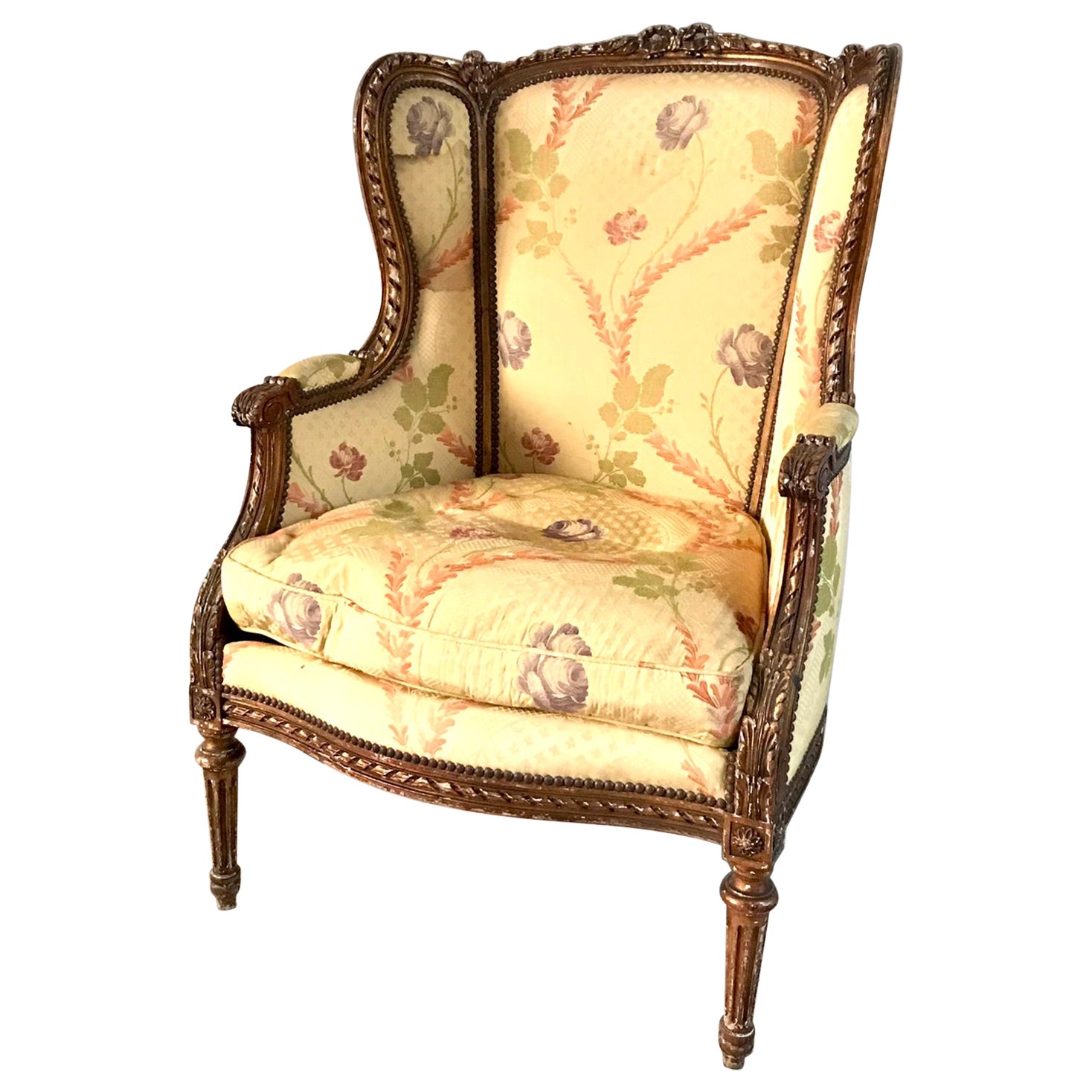 Louis XVI style wingback armchair – 19th century – carved wood 
floral fabric For Sale