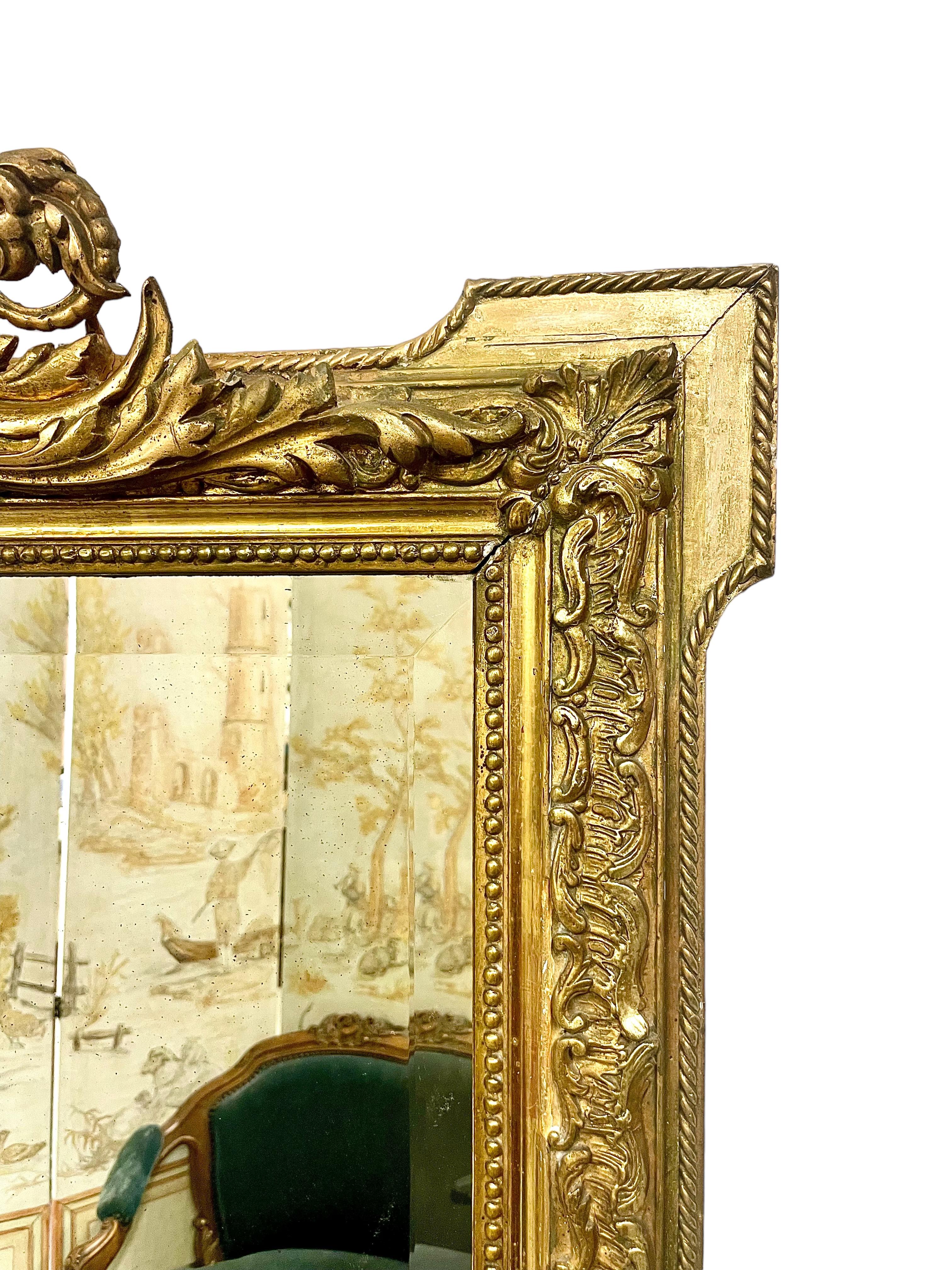 Beveled Louis XVI Style Wood and Gilt Stucco Mantle Mirror For Sale