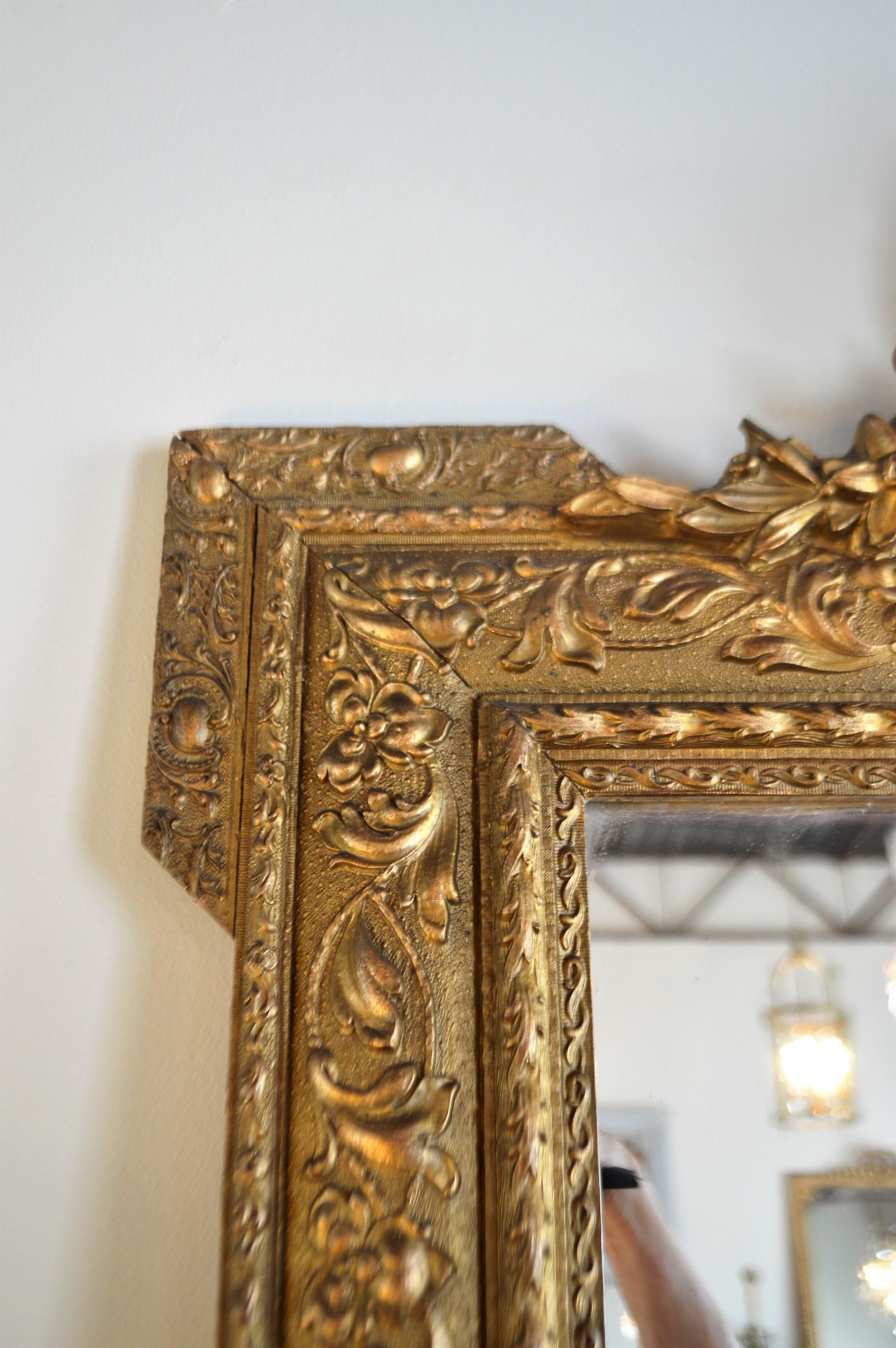 20th Century Louis XVI Style Wood Gilded Mirror with Wreath Decorative Top and Carved Frame