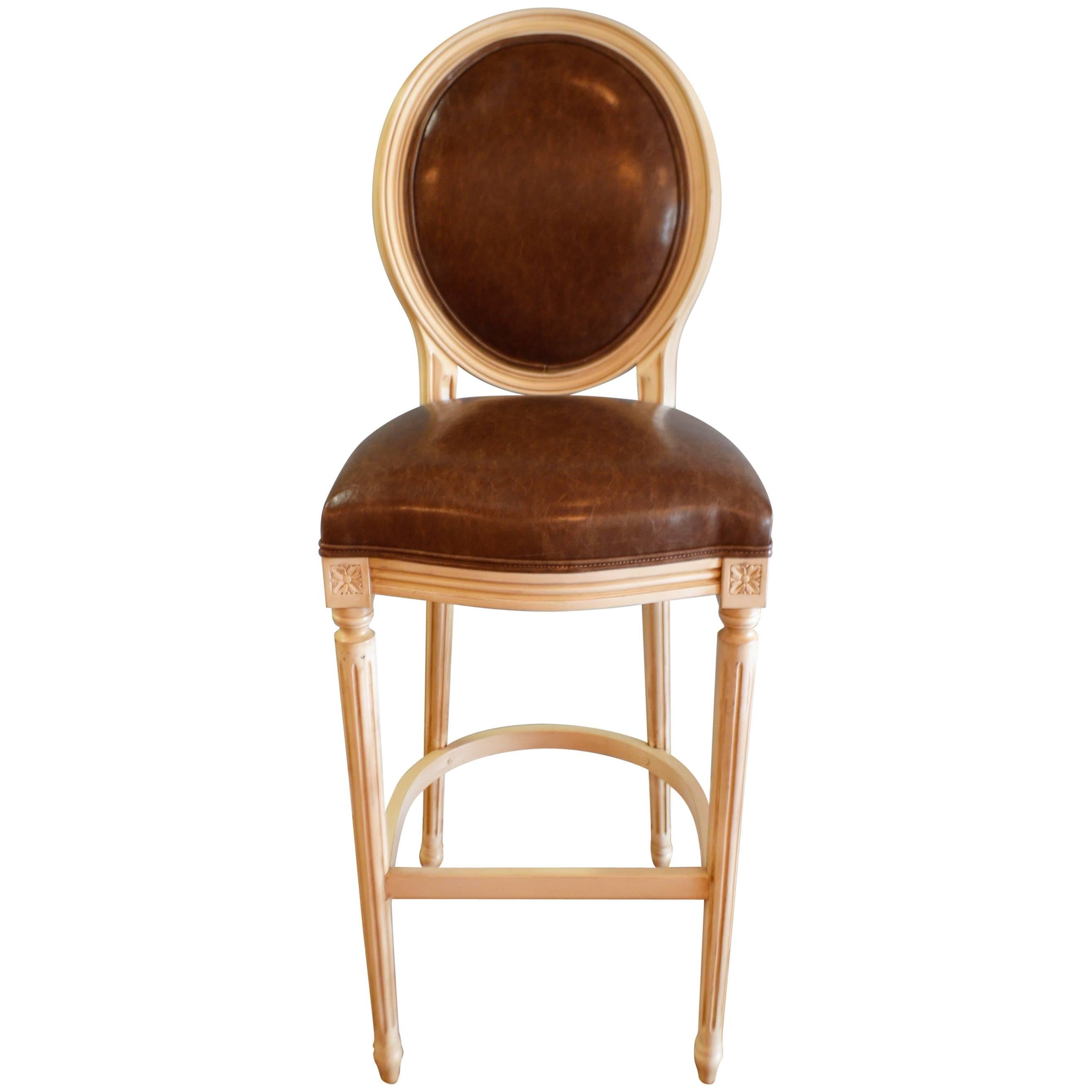 Louis XVI Style Wooden Painted Bar Stool with Oval Back for Custom Order For Sale