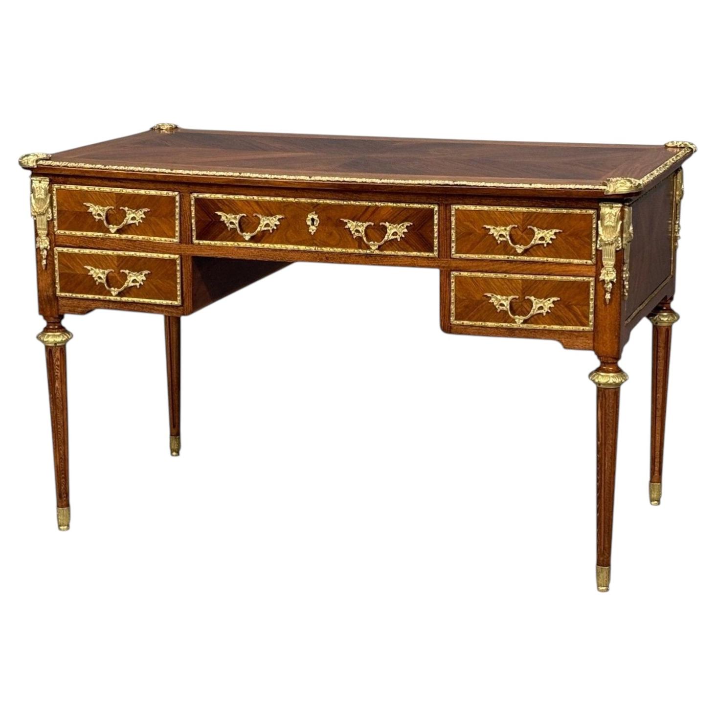 Louis XVI Style, Writing Desk, Bookmatched Walnut, Bronze, France, 1920s