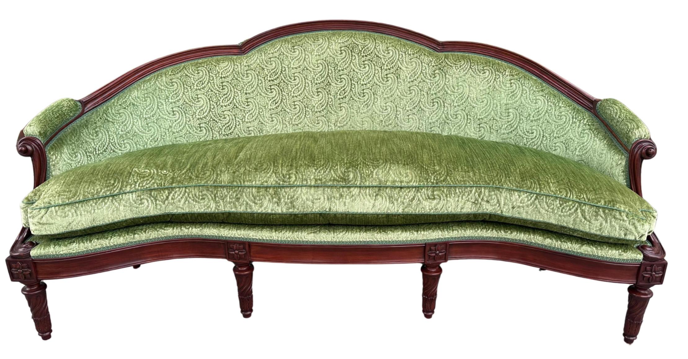 Louis XVI Style Green Cut Velvet Canapé Sofa Settee For Sale