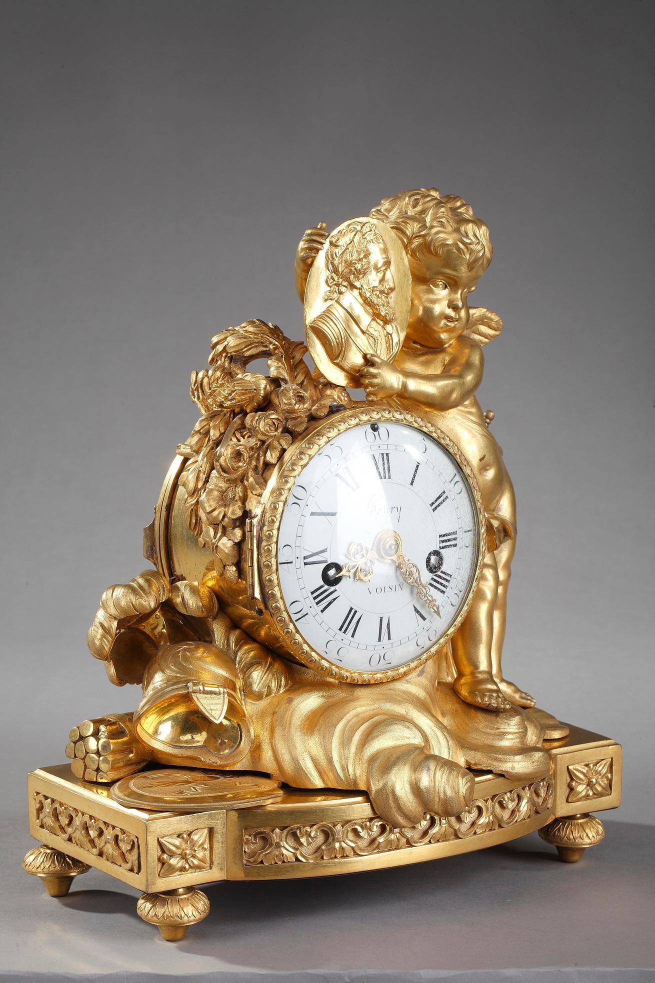 French Louis XVI Table Clock Honoring Henri IV by Henri Voisin