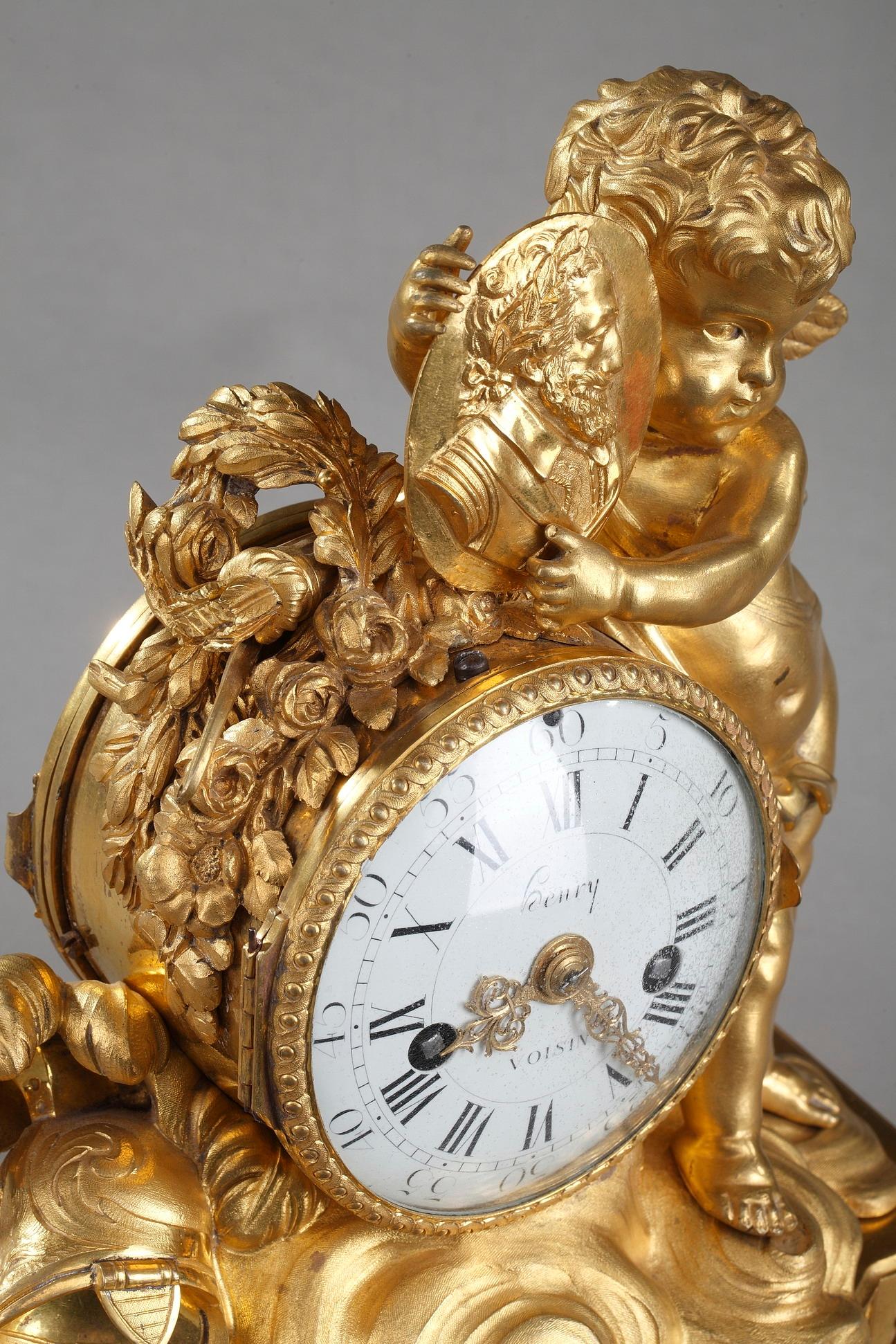 Gilt Louis XVI Table Clock Honoring Henri IV by Henri Voisin