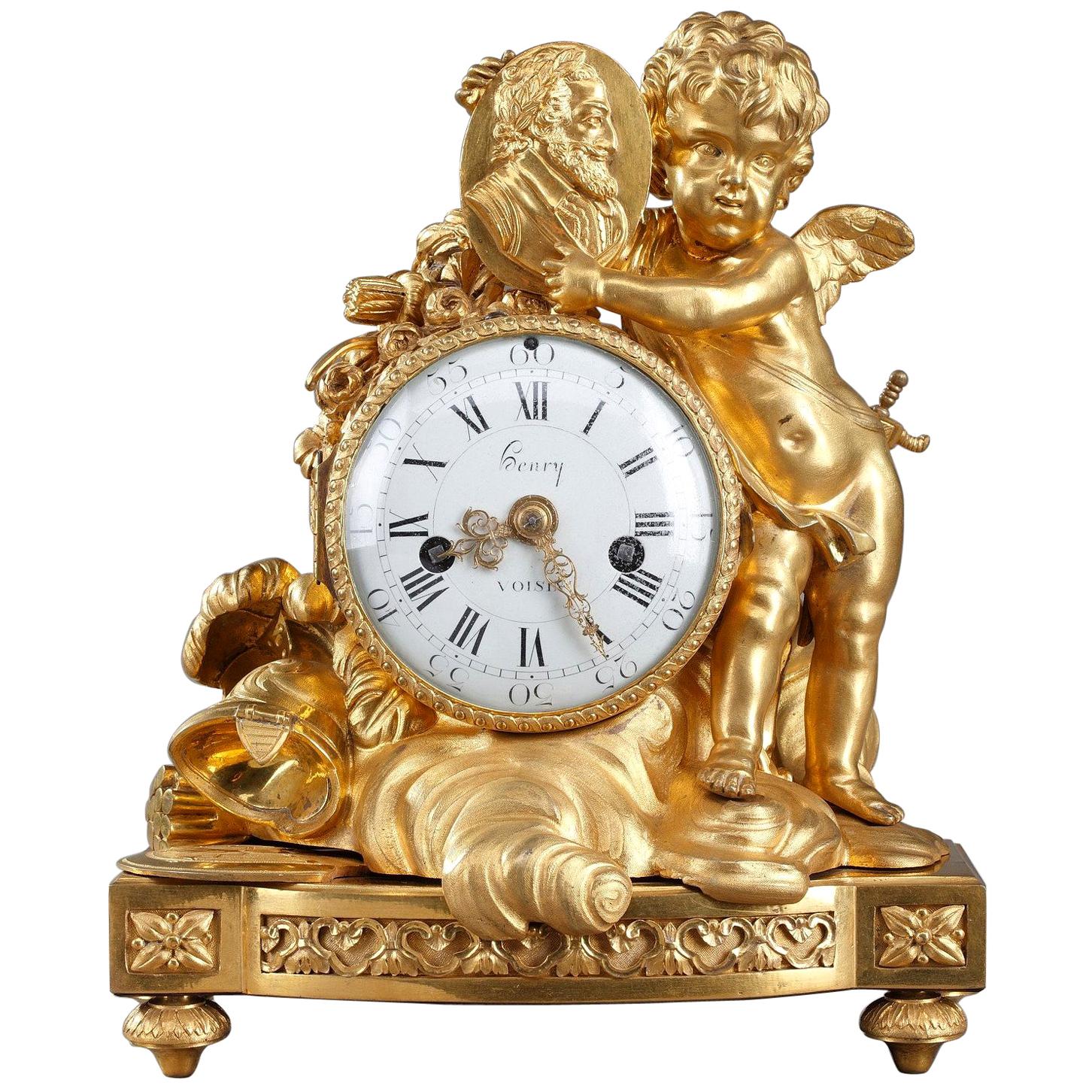 Louis XVI Table Clock Honoring Henri IV by Henri Voisin