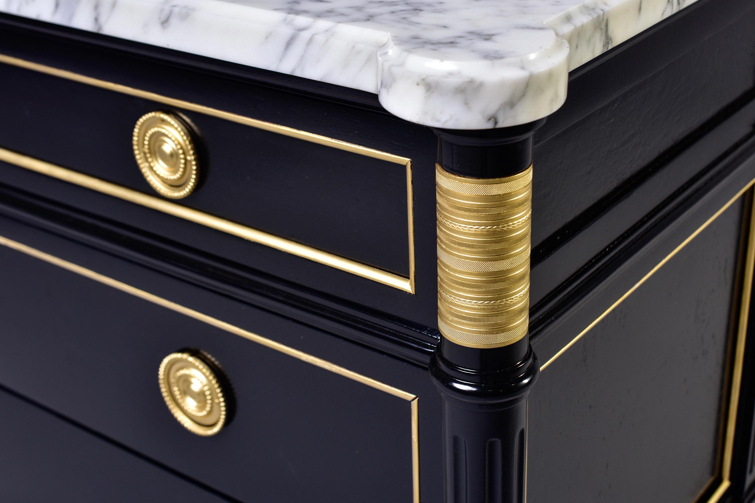 Louis XVI Three Drawer Commode with Black Finish and Marble Top In Good Condition In Troy, MI