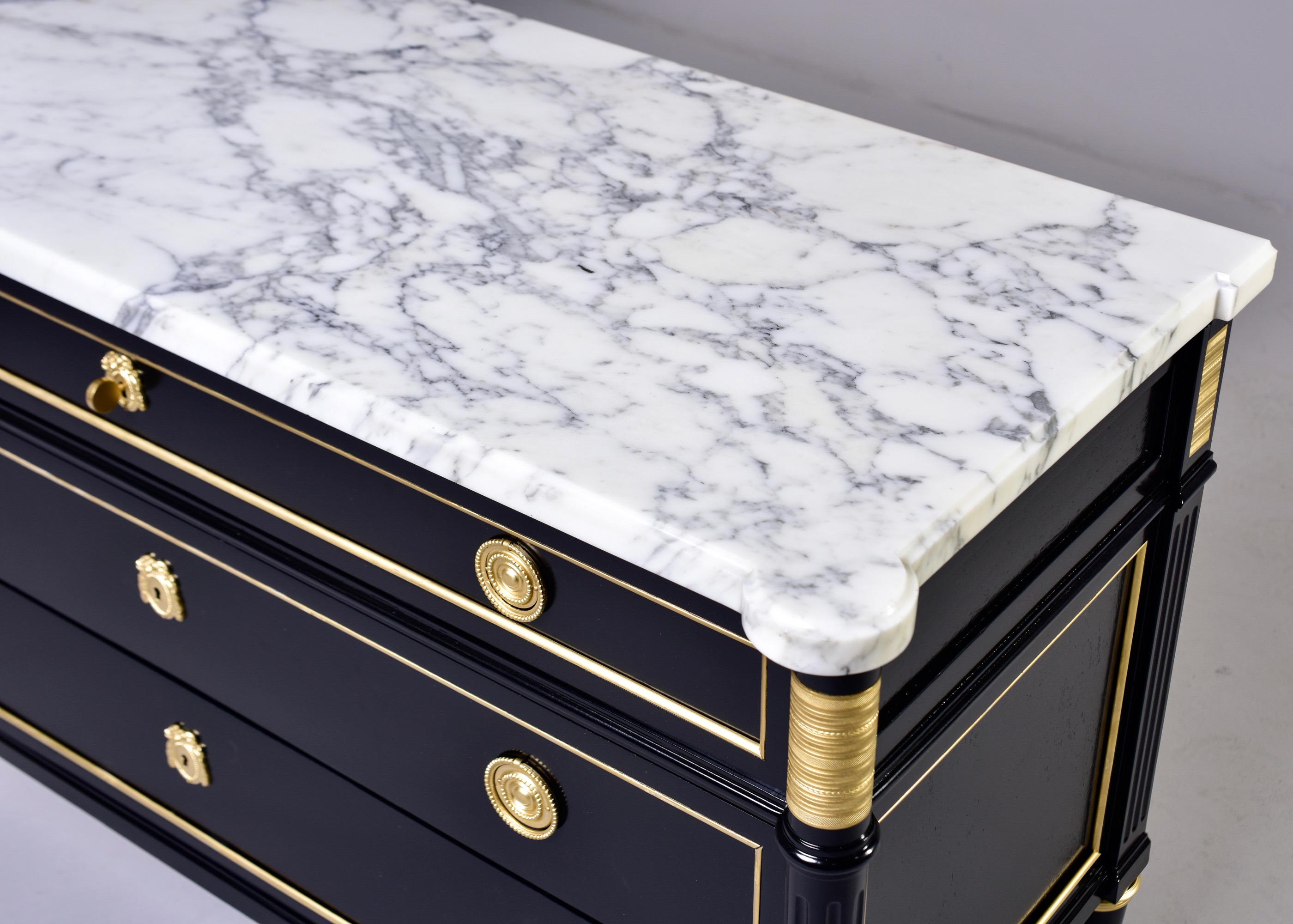20th Century Louis XVI Three Drawer Commode with Black Finish and Marble Top