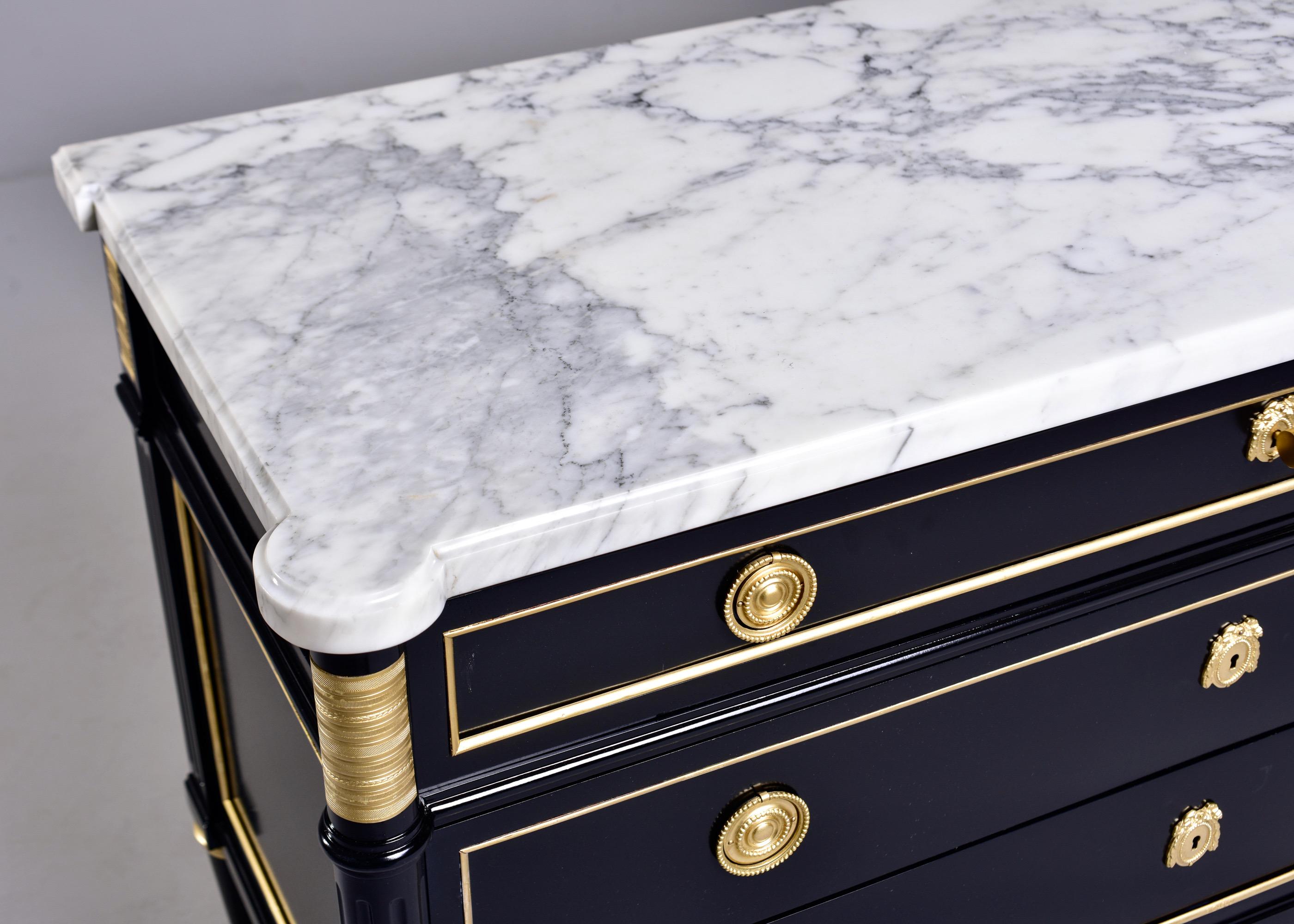 Brass Louis XVI Three Drawer Commode with Black Finish and Marble Top