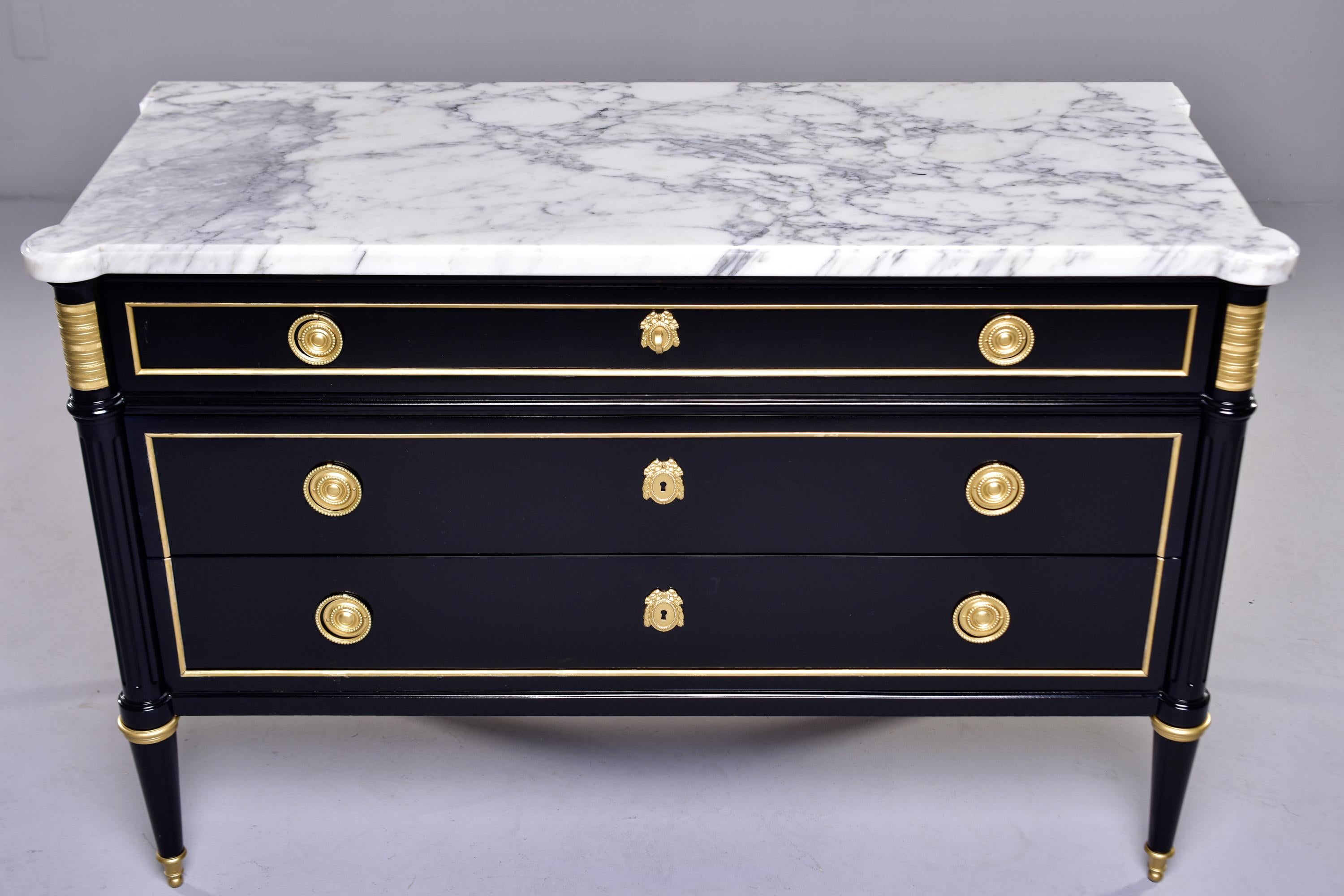Louis XVI Three Drawer Commode with Black Finish and Marble Top 1