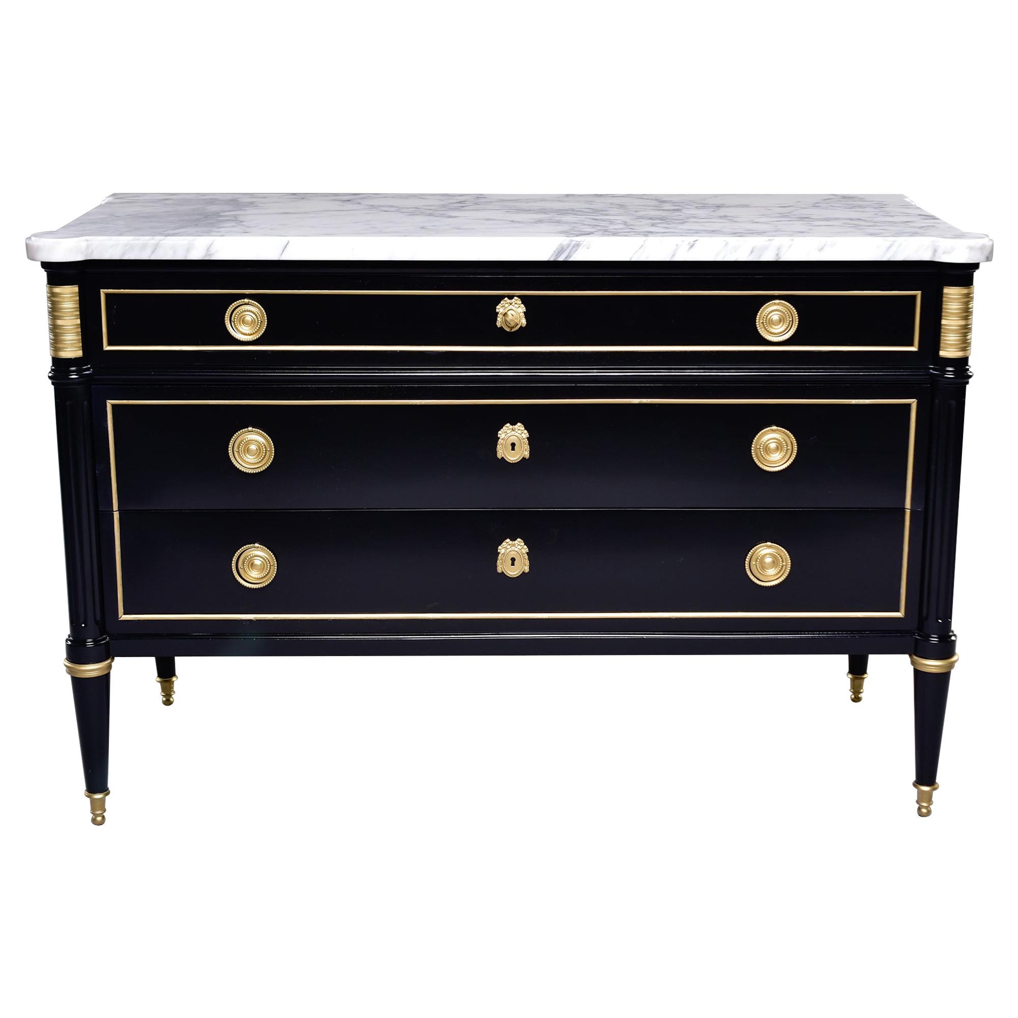 Louis XVI Three Drawer Commode with Black Finish and Marble Top