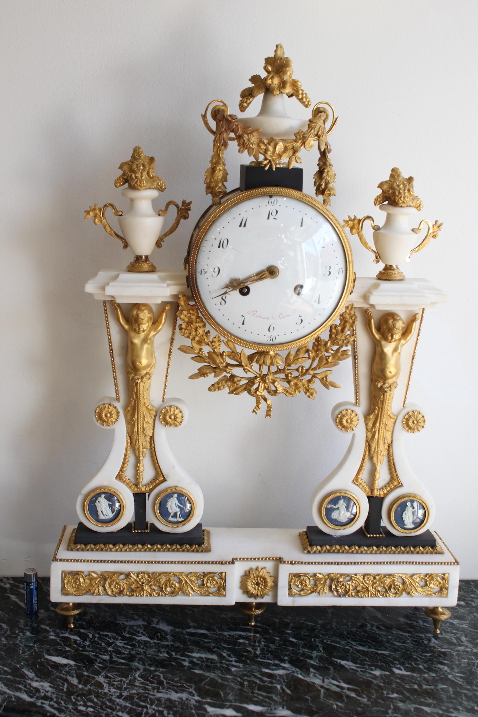 Louis XVI Time Marble and Wedgewood Porcelain Clock For Sale 4