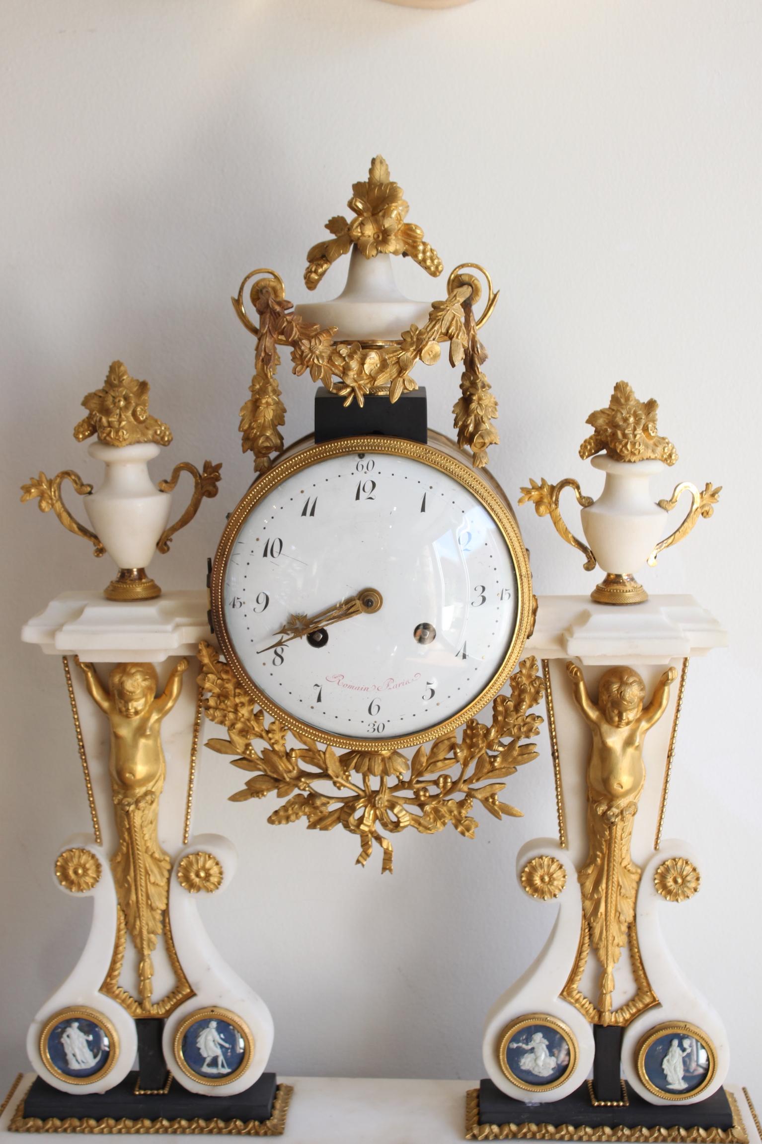 French Louis XVI Time Marble and Wedgewood Porcelain Clock For Sale