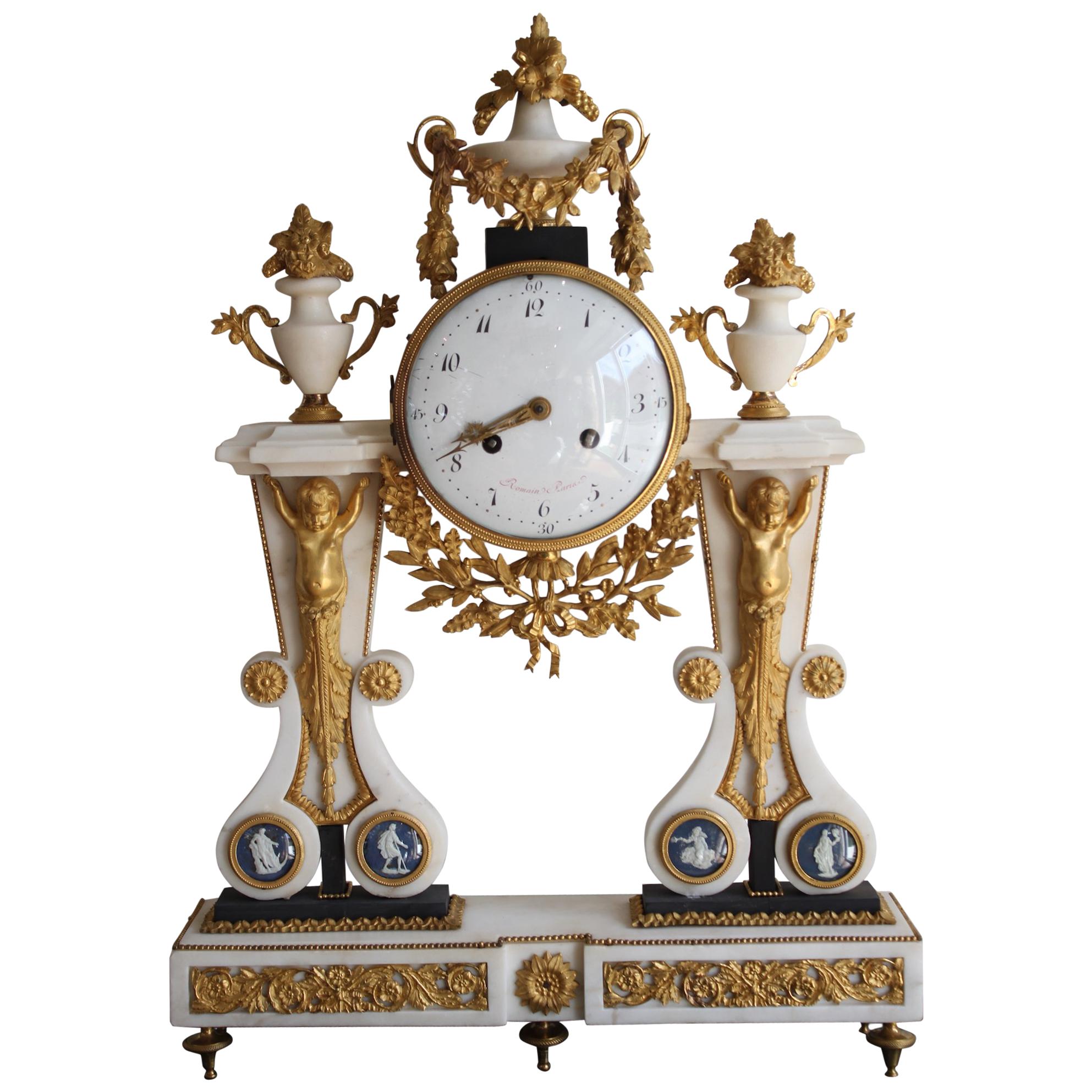 Louis XVI Time Marble and Wedgewood Porcelain Clock For Sale