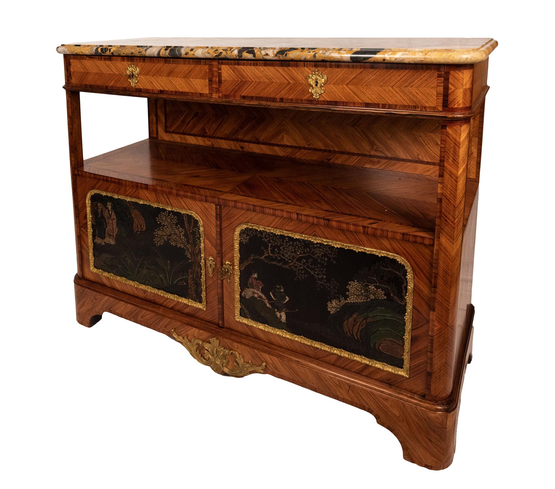 Louis XVI transitional Chinoise coromandel marble top side cabinet with two lockable drawers made from inlaid tulipwood.