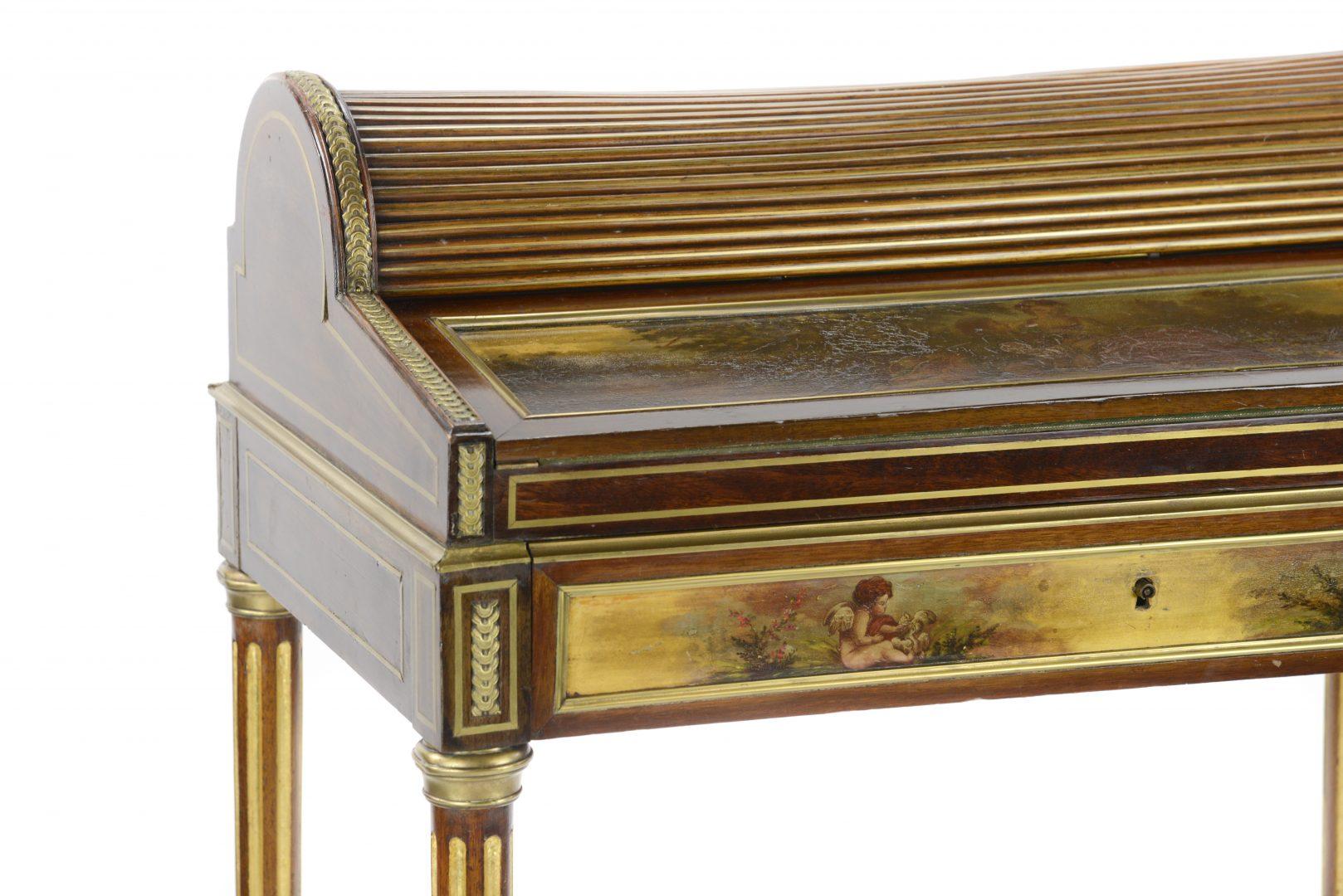 Louis XVI/transitional style mahogany gilt metal mounted Bureau en Pente, with painted scenes of figures in countryside.


Louis XVI furniture is characterized by elegance and neoclassicism, a return to ancient Greek and Roman models. Much of it