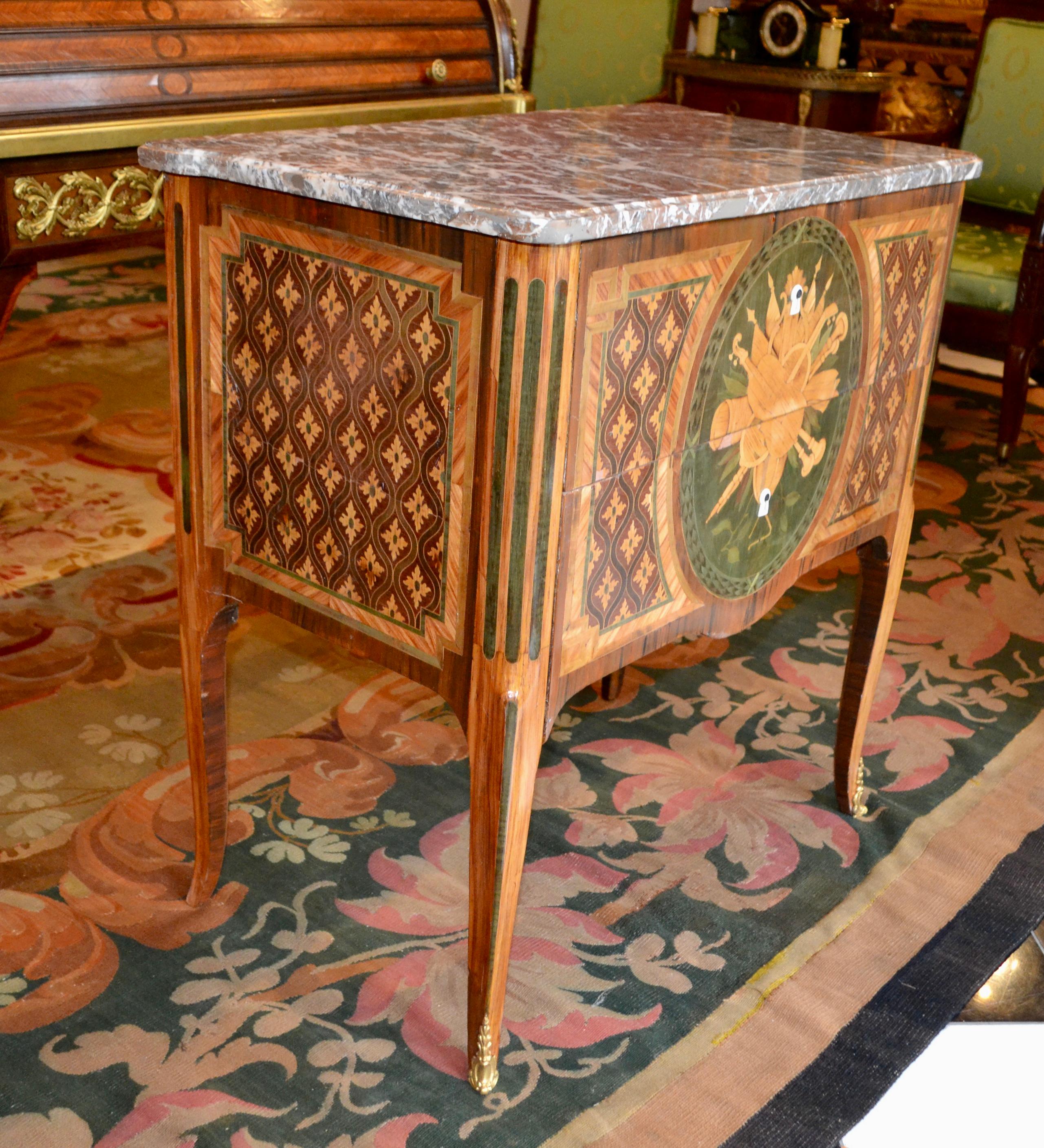 Louis XVI Transitional Two-Drawer Commode with a Breche Marble Top In Good Condition For Sale In Vancouver, British Columbia