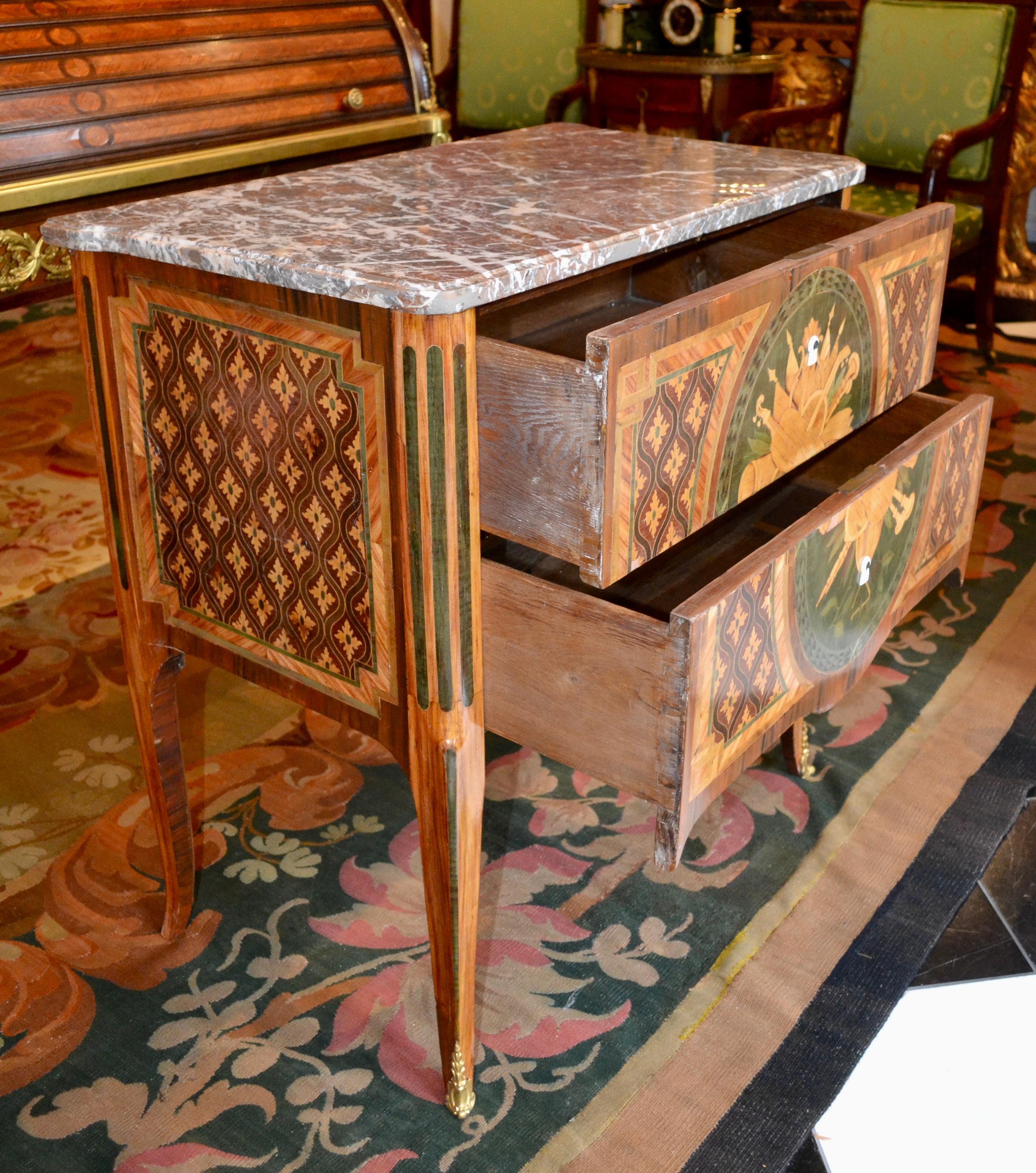 Oak Louis XVI Transitional Two-Drawer Commode with a Breche Marble Top For Sale