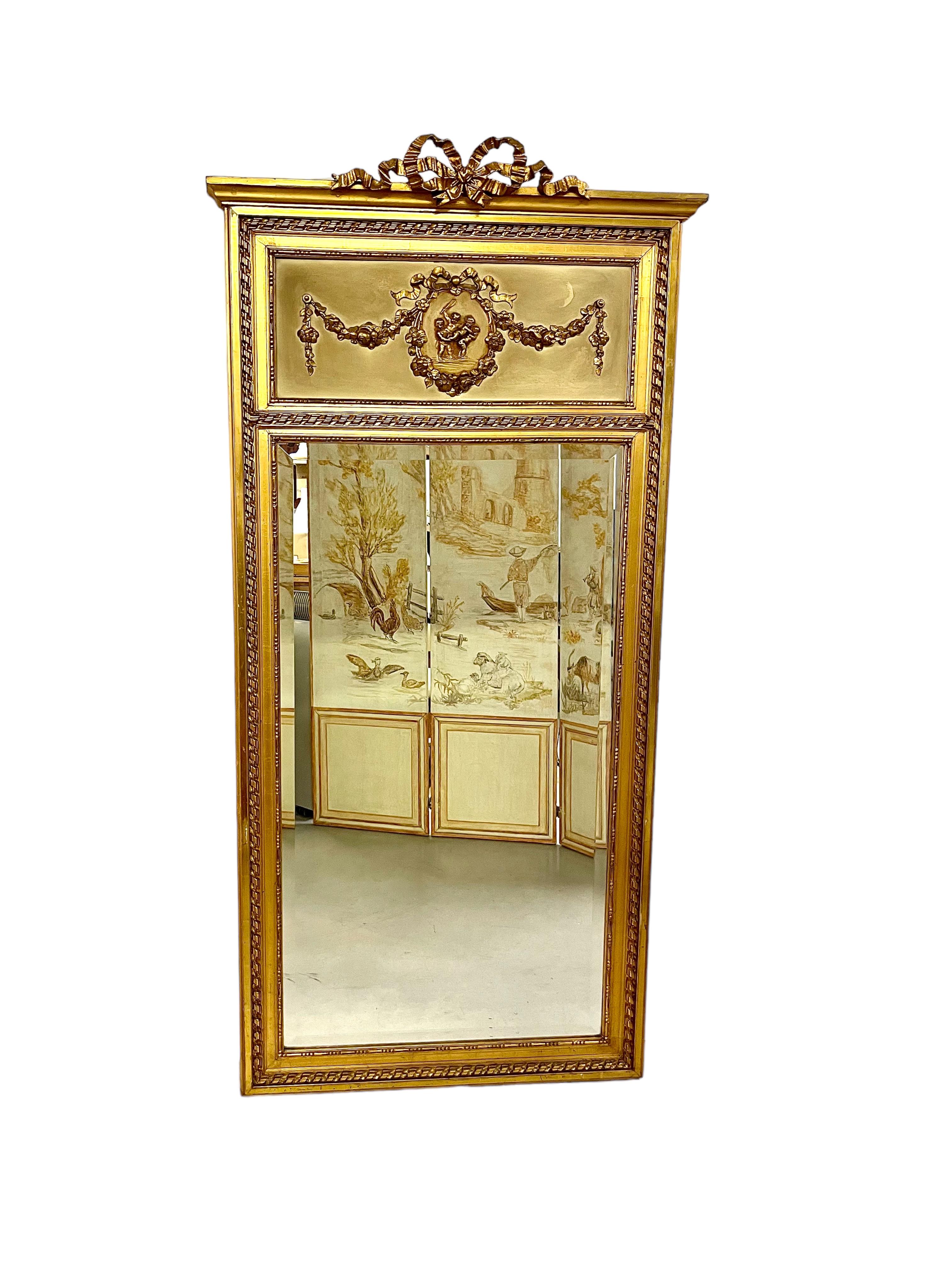  19th Century Louis XVI Trumeau Gilded Mirror with Mischievous Cherubs Design For Sale 6
