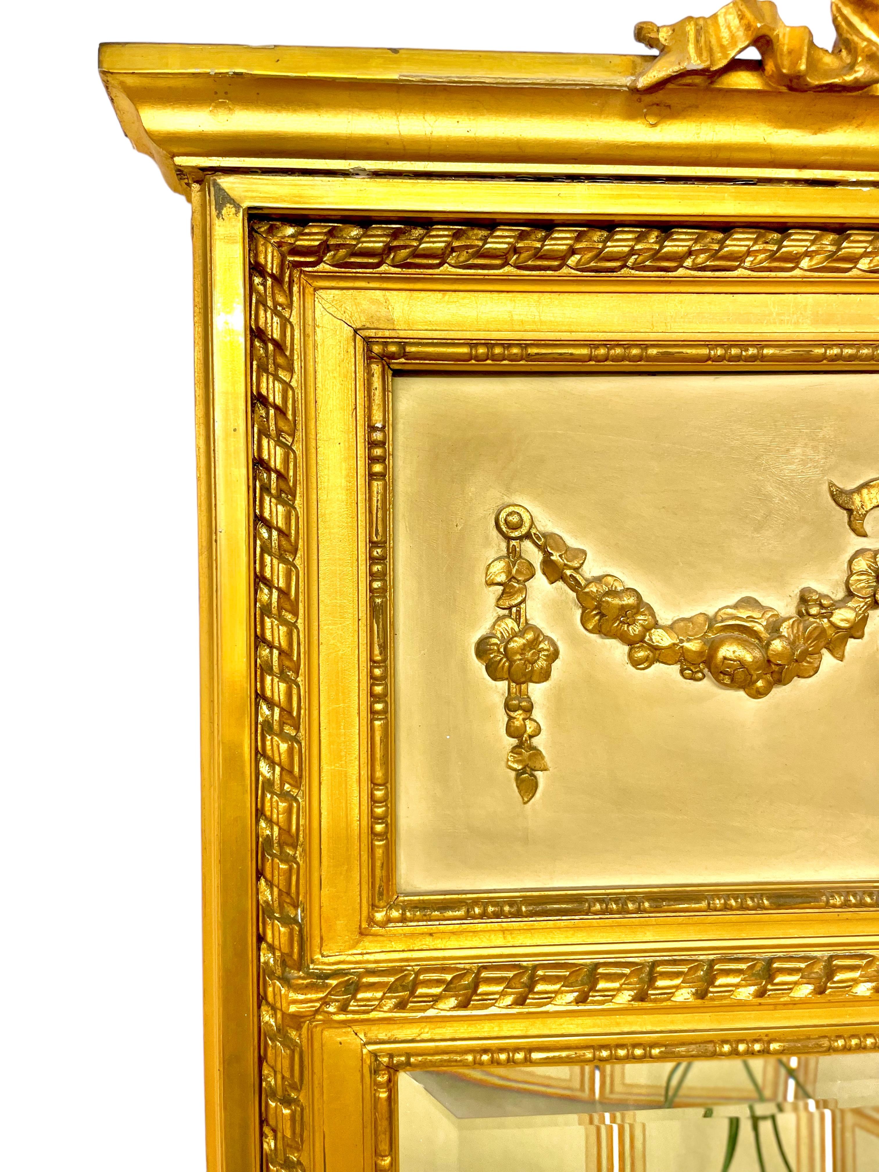 French  19th Century Louis XVI Trumeau Gilded Mirror with Mischievous Cherubs Design For Sale