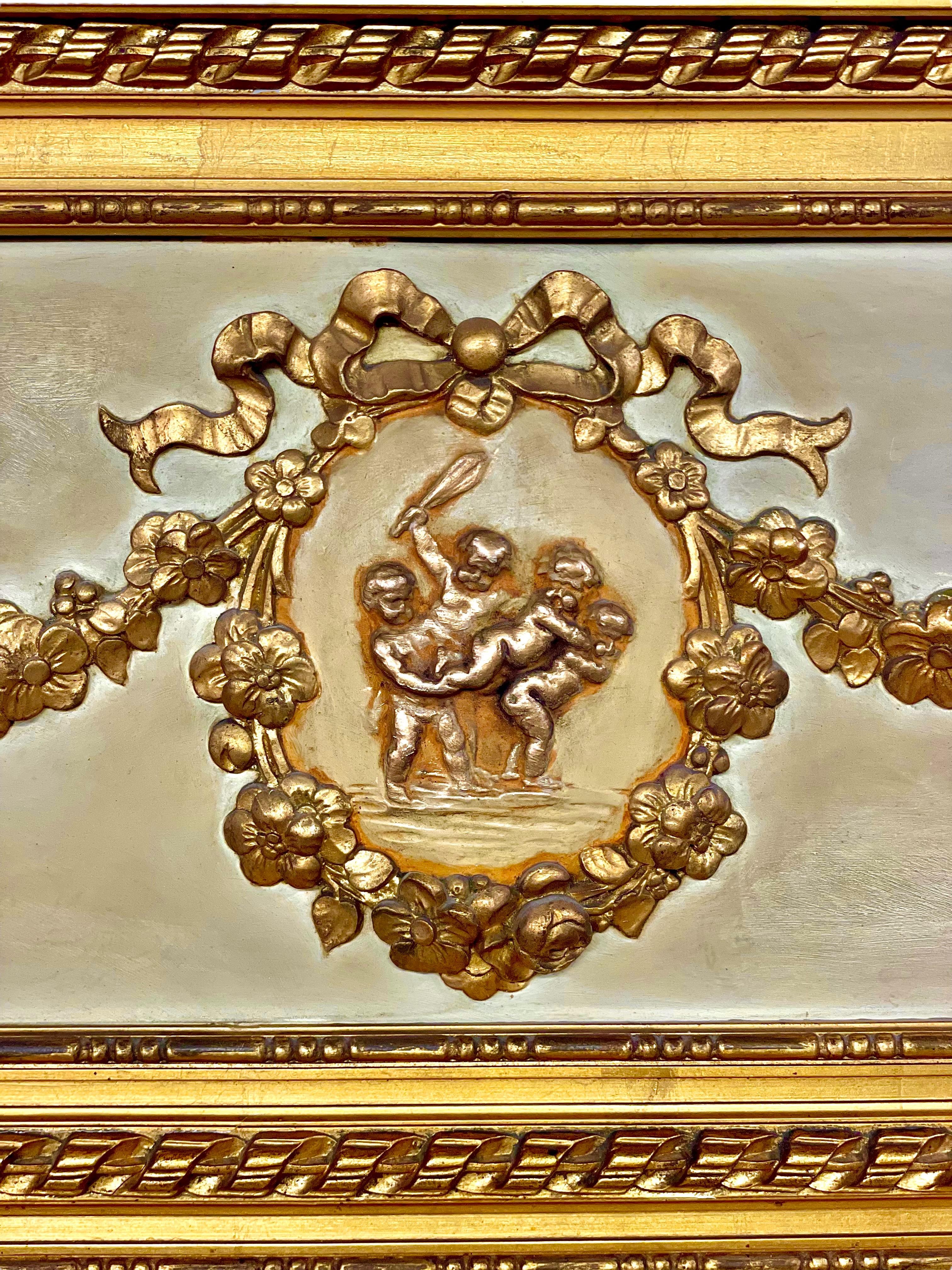  19th Century Louis XVI Trumeau Gilded Mirror with Mischievous Cherubs Design For Sale 4