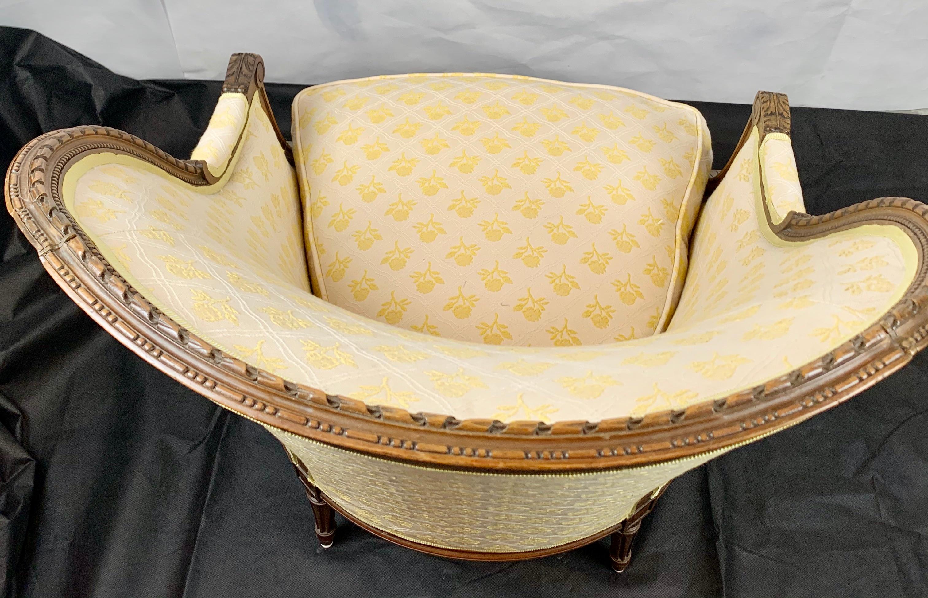 French Upholstered Bérgère, Louis XVI, Hand Carved, France, 19th c. 