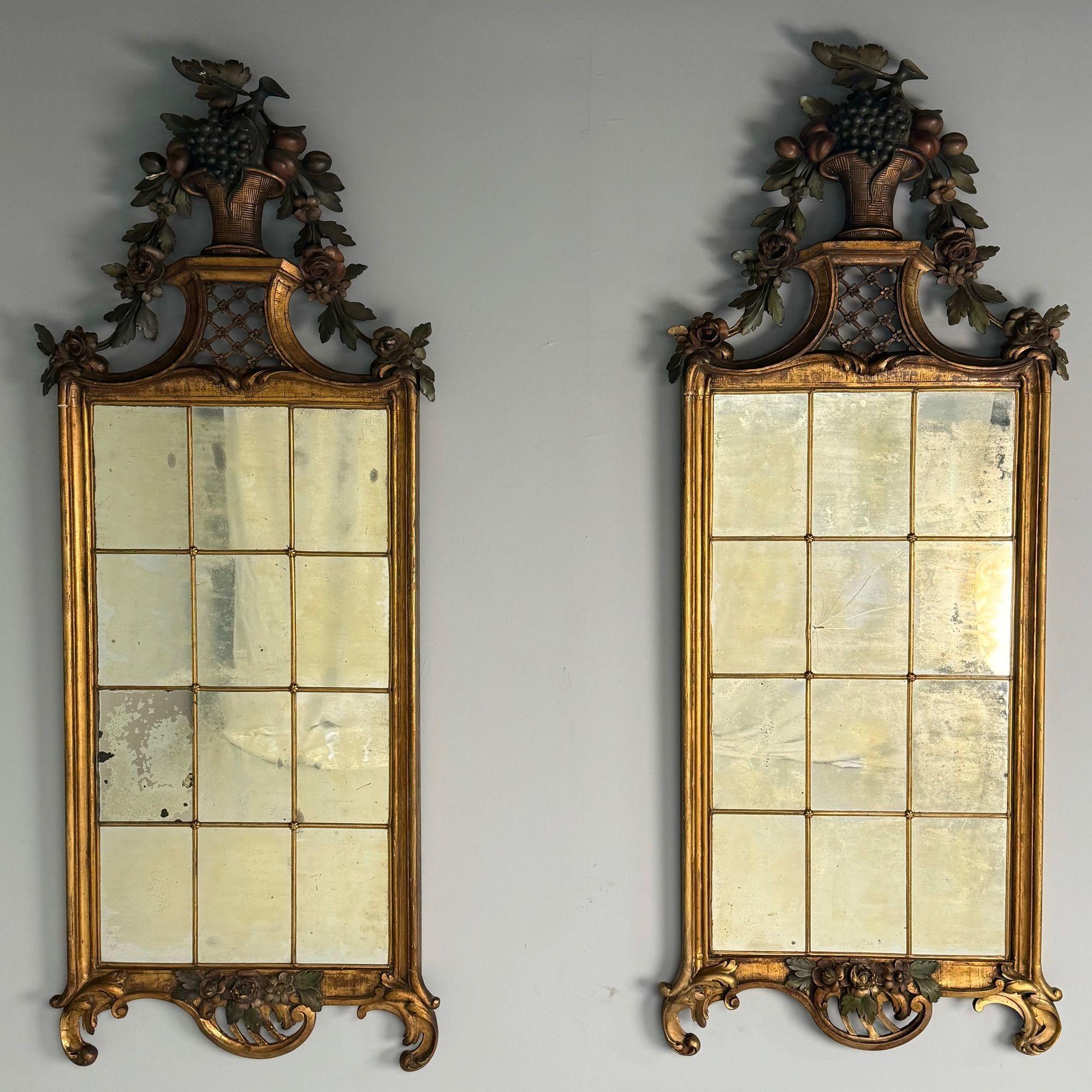 French Louis XVI, Wall Mirrors, Giltwood, Antiqued Mirror, Fruitewood Motif 20th C. For Sale