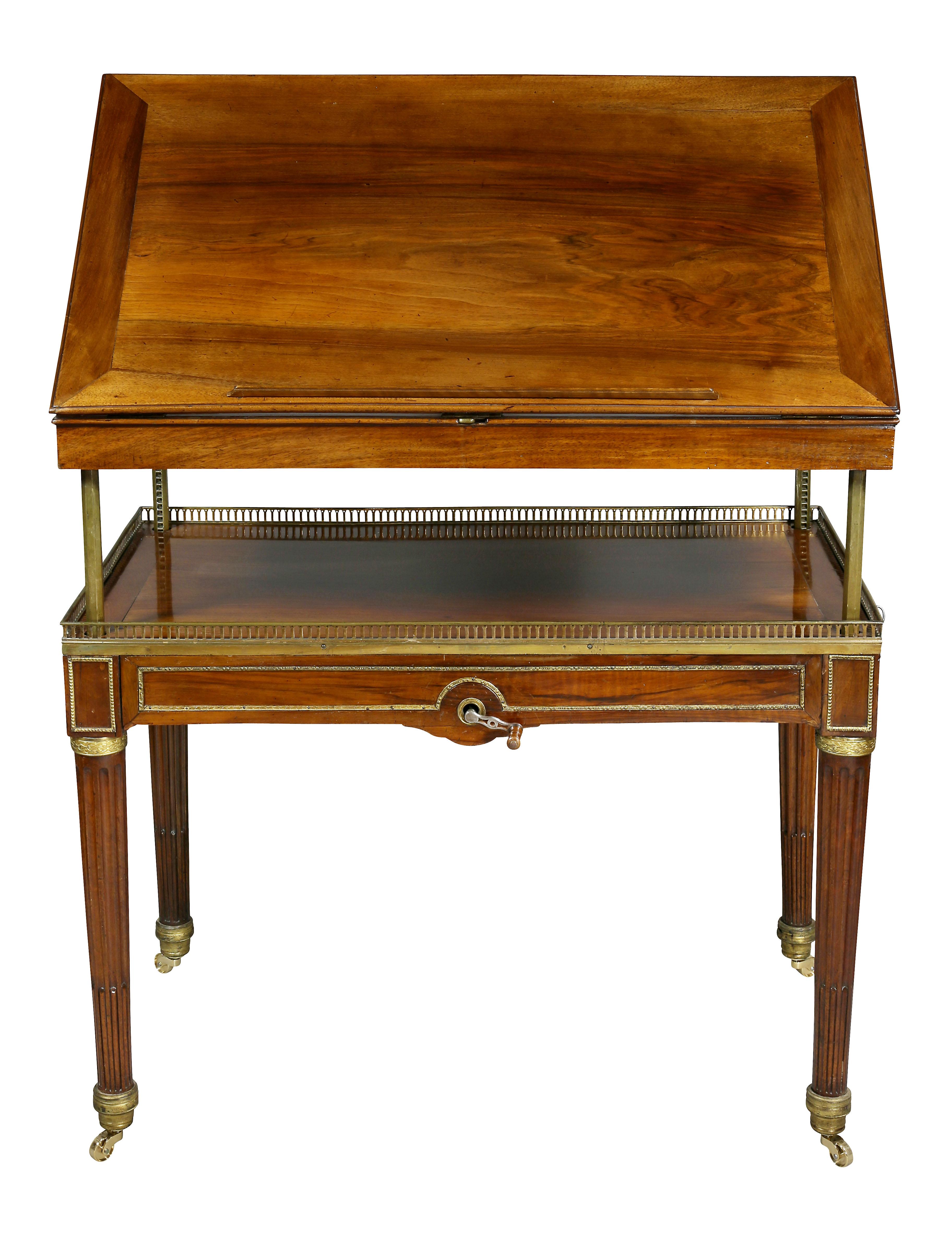 A fine and unusual piece with gilt bronze mounts, when in table position rectangular with a ratcheted adjustable slant lid , a winding key raised and lowers the reading, working section, brass bars are set inside legs and raise and lower within it.