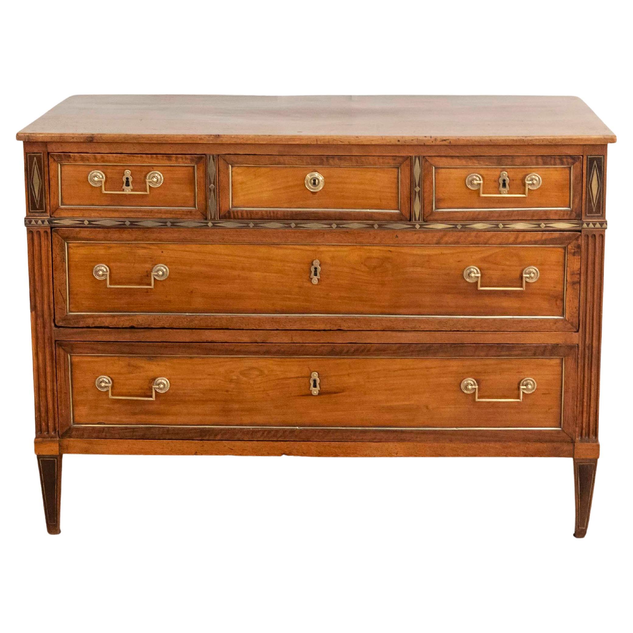 Louis XVI Walnut Chest of Drawers with Brass Inlay, France, Late 18th Century