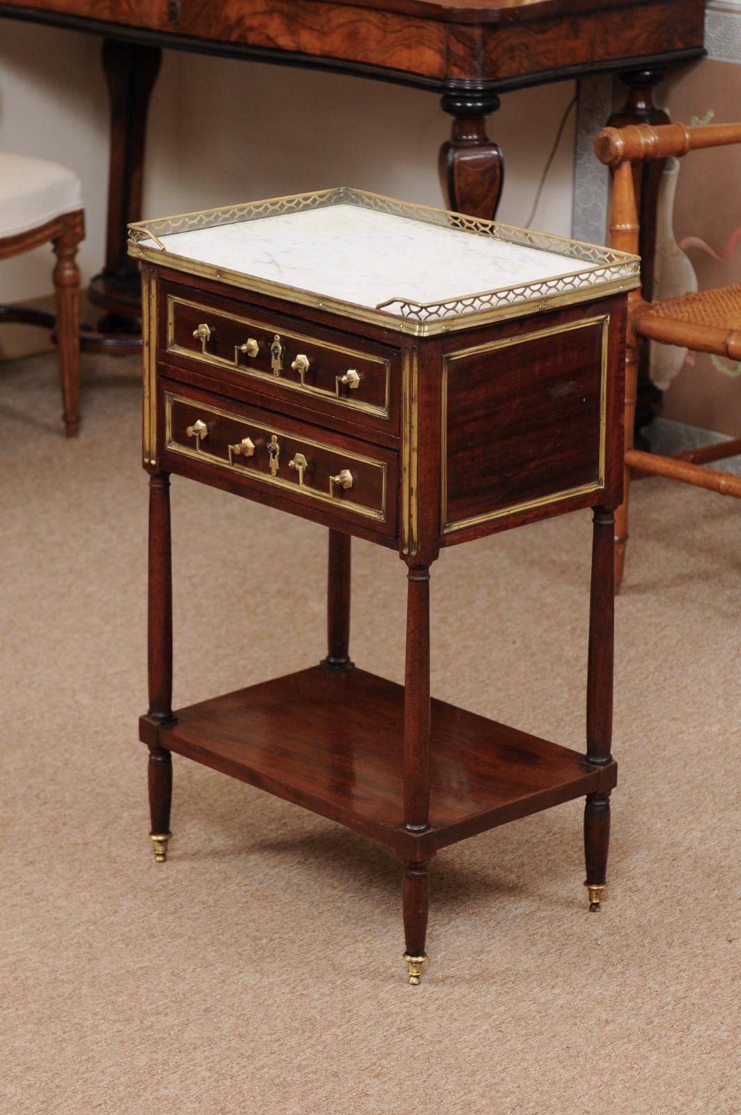 Louis XVI Walnut Chevet with 2 Drawers, Lower Shelf, and White Marble Top 5