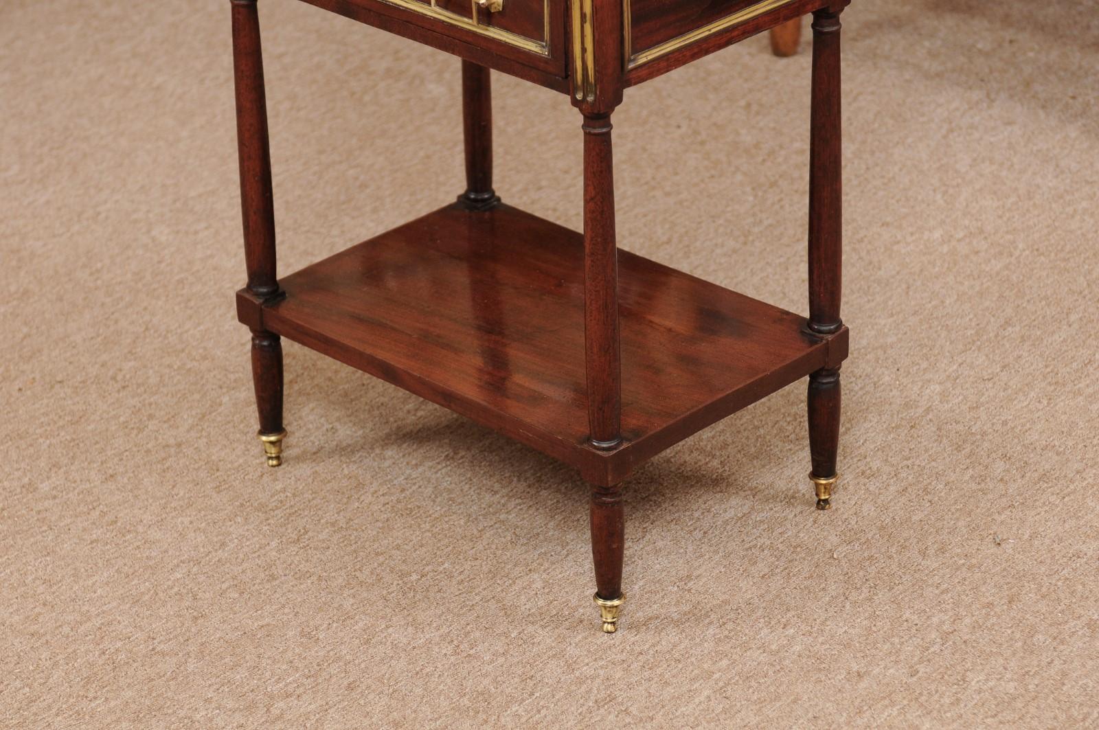 Louis XVI Walnut Chevet with 2 Drawers, Lower Shelf, and White Marble Top 6