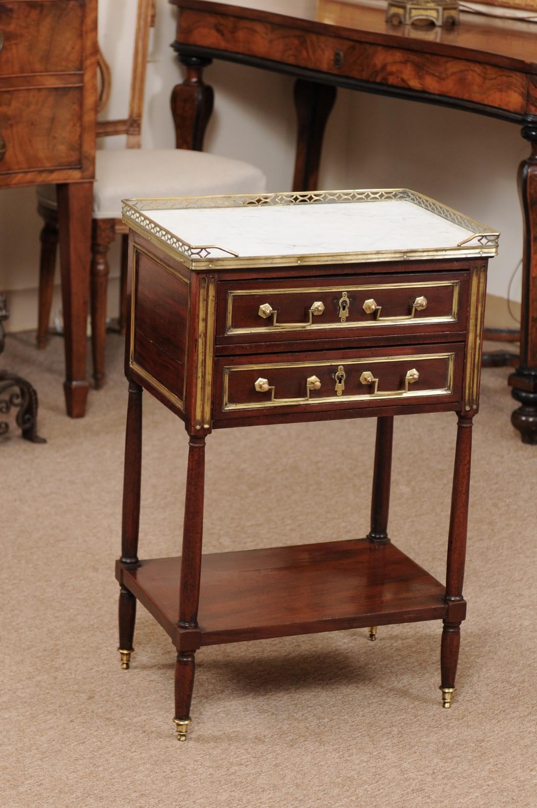 Louis XVI Walnut Chevet with 2 drawers, lower shelf, and white marble top with Brass Gallery, France.