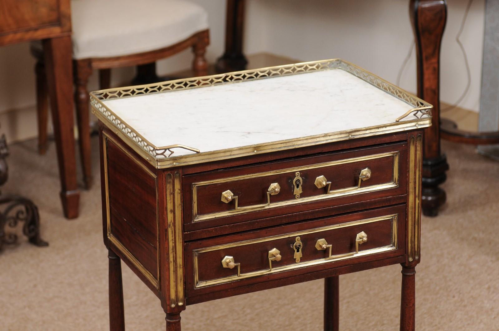 Louis XVI Walnut Chevet with 2 Drawers, Lower Shelf, and White Marble Top In Good Condition In Atlanta, GA
