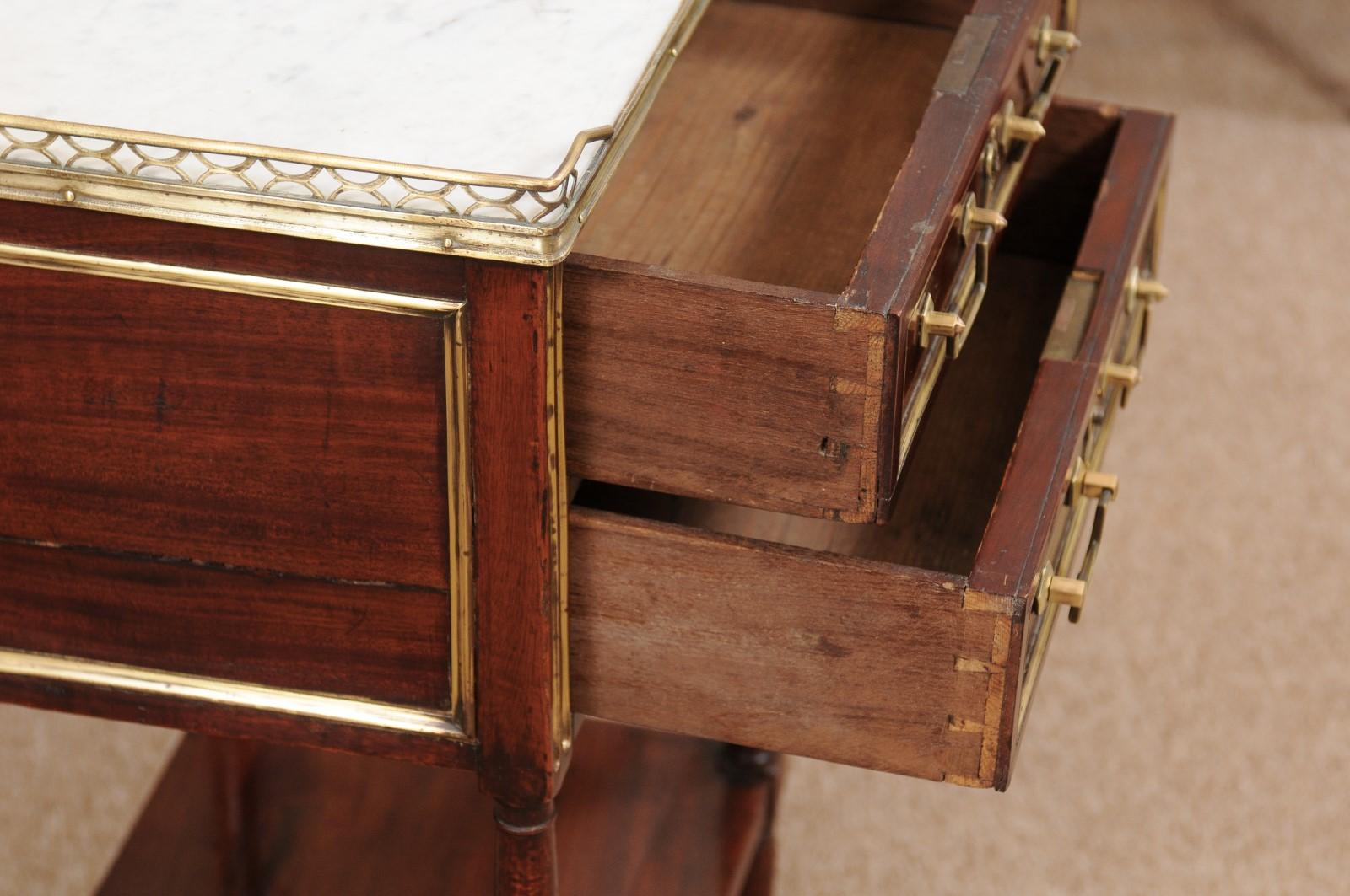 18th Century Louis XVI Walnut Chevet with 2 Drawers, Lower Shelf, and White Marble Top