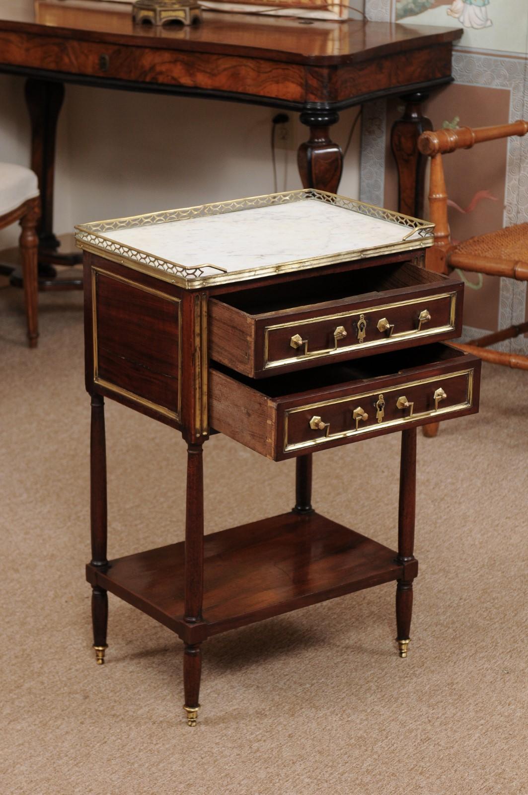 Louis XVI Walnut Chevet with 2 Drawers, Lower Shelf, and White Marble Top 1