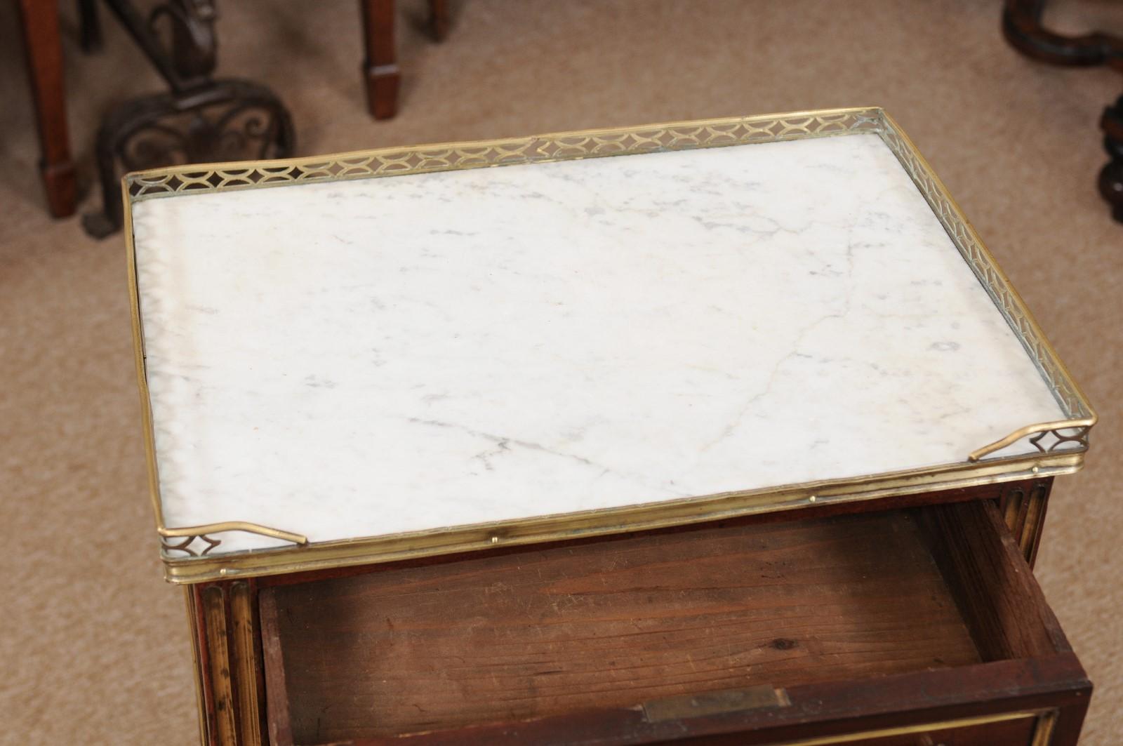 Louis XVI Walnut Chevet with 2 Drawers, Lower Shelf, and White Marble Top 2