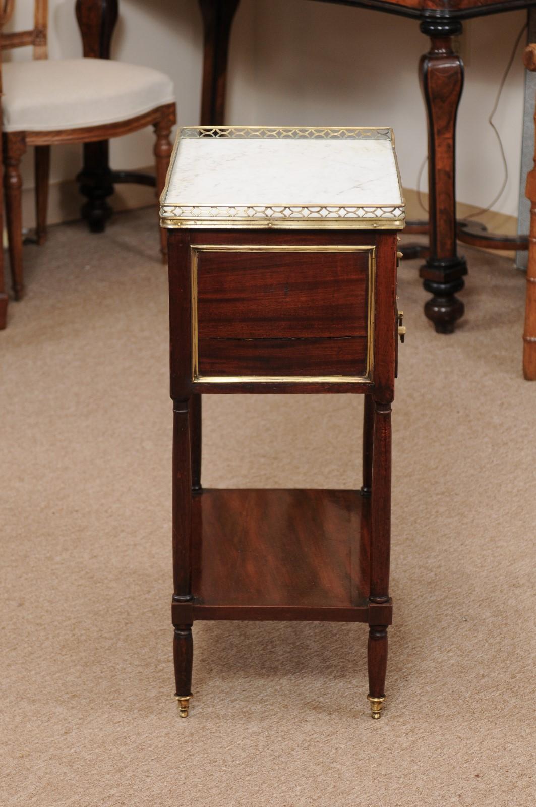 Louis XVI Walnut Chevet with 2 Drawers, Lower Shelf, and White Marble Top 3